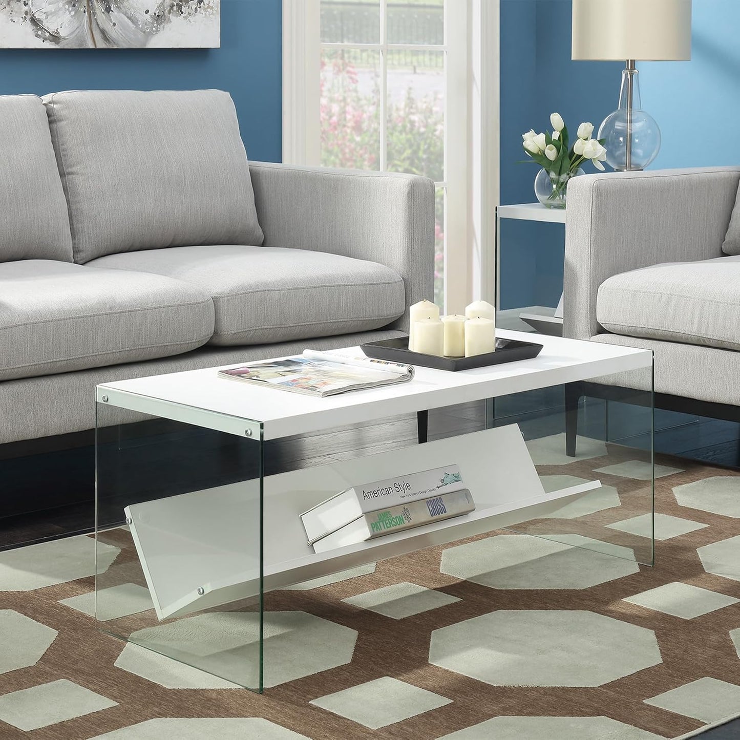 Convenience Concepts SoHo Glass Modern Living Storage Shelf, Contemporary Coffee Table for Family Room, 40", White