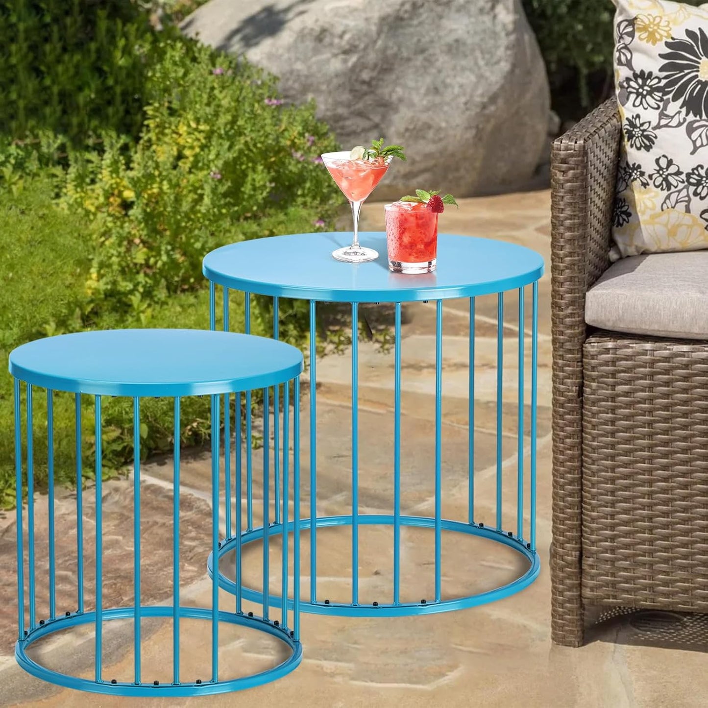 SUNNYPARK Outdoor Side Table Set of 2, Metal Circle Accent End Tables for Balcony Backyard Garden Indoor Living Room, Durable Black Nesting Coffee Tables, 20”+16” Dia