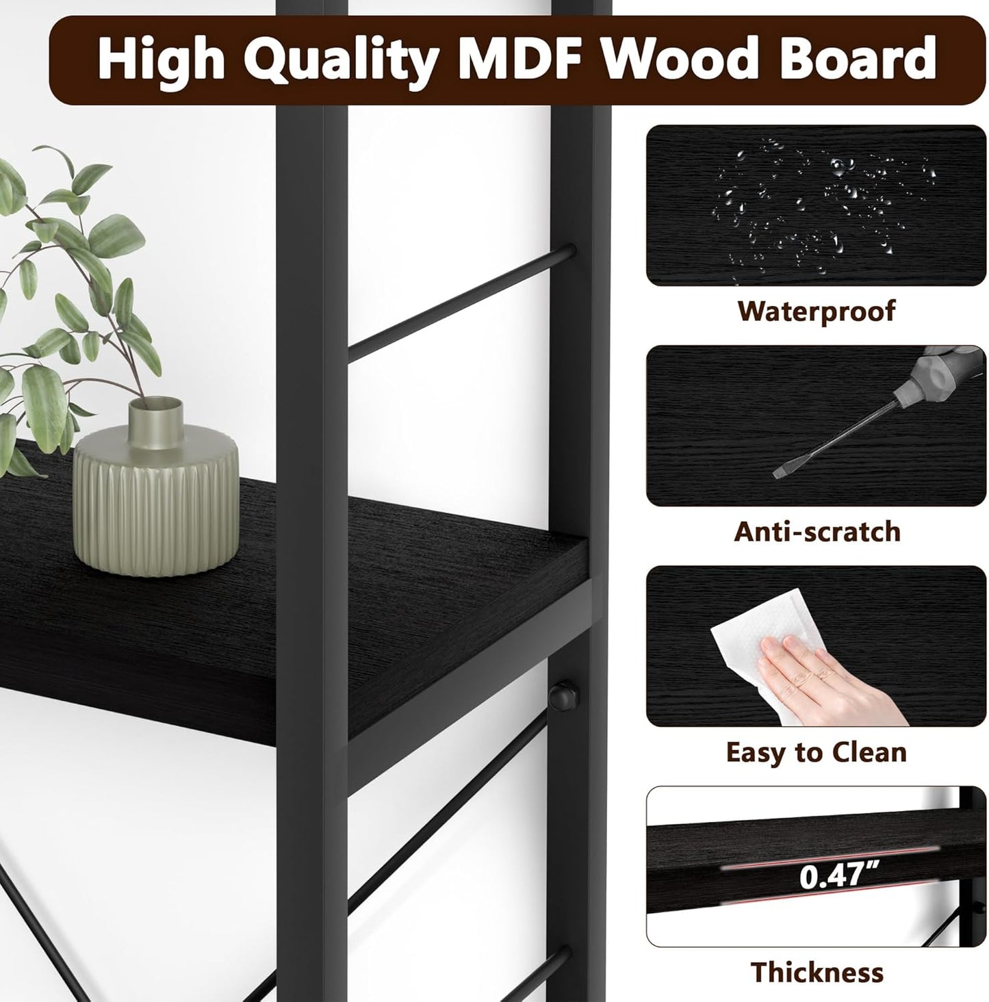 7-Tier Corner Bookshelf, Reversible Wooden Shelves, Industrial Bookcase with Open Shelves and Sturdy Metal Frame, Display Shelf Storage Rack for Living Room, Bedroom, Home Office (Black)