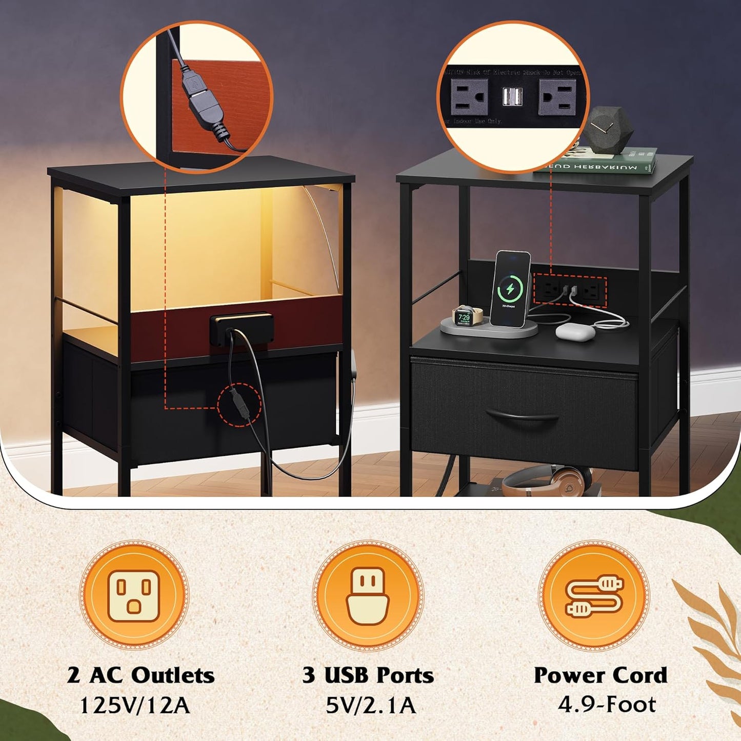 WLIVE Night Stand with Charging Station, LED Nightstand with Adjustable Fabric Drawer, 3-Tier Storage Bedside Table, Small End Side Tables for Bedroom, Black