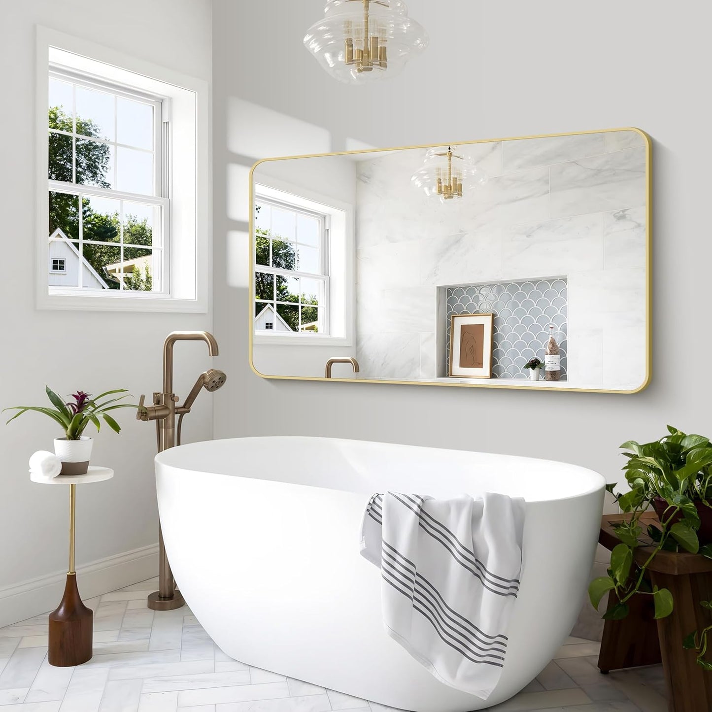 BONEWEI Gold Bathroom Mirror,60x36 inch Wall Mirror for Bathroom Wall Mounted,Round Rectangle Mirror for Bathroom Over Sink,Modern Frame for Home Decor Living Room,Bedroom Entryway,Horizontal/Vertical