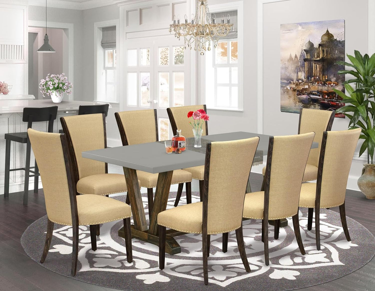 East West Furniture V797VE703-9 9 Piece Dining Room Table Set Includes a Rectangle Kitchen Table with V-Legs and 8 Brown Linen Fabric Parsons Dining Chairs, 40x72 Inch, Multi-Color
