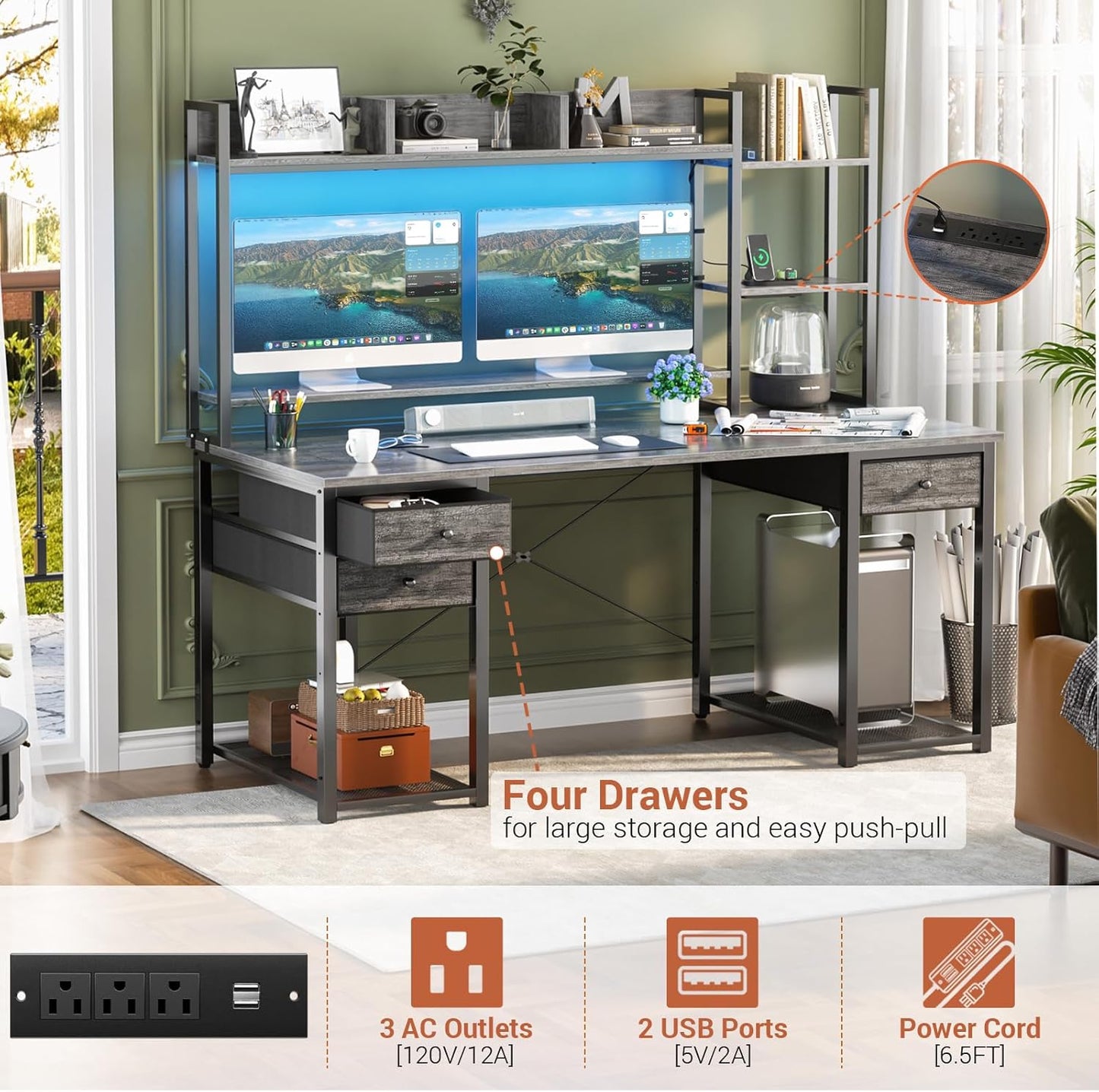 Aheaplus Gaming Desk With LED, Outlets, and Hutch - 55.2'' Computer Workstation With Drawers, Reversible Office Desk With Storage Bookshelf and Shelf - Large Home Desk, Black Oak