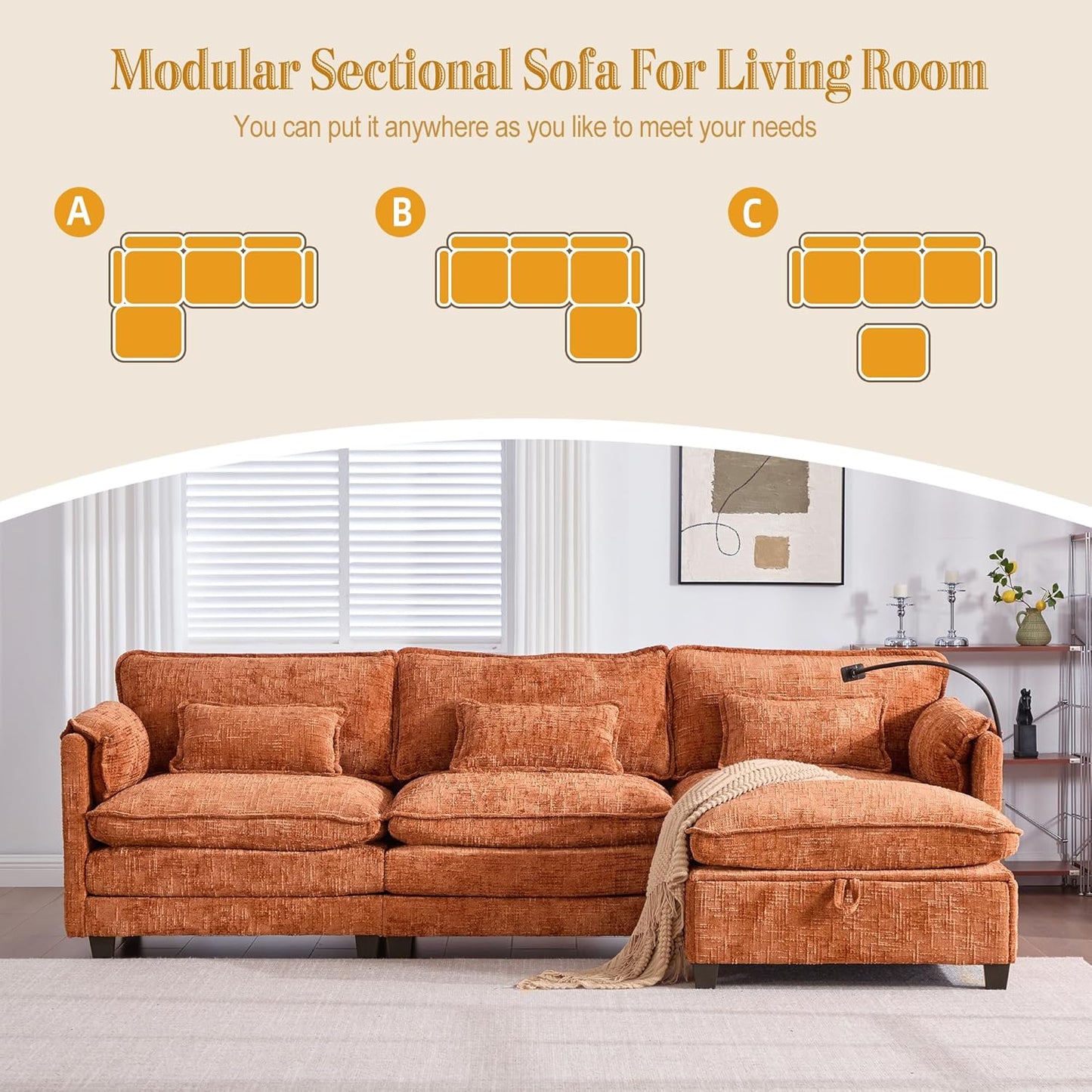 Ball & Cast 109" Oversized Sectional Sofa,Comfy Cloud Couch W/Movable Storage Ottoman,L Shaped Sectional Sofa W/USB Charging Port,Phone Holder&Side Pocke,Chenille Fabric,for Living Room,Orange