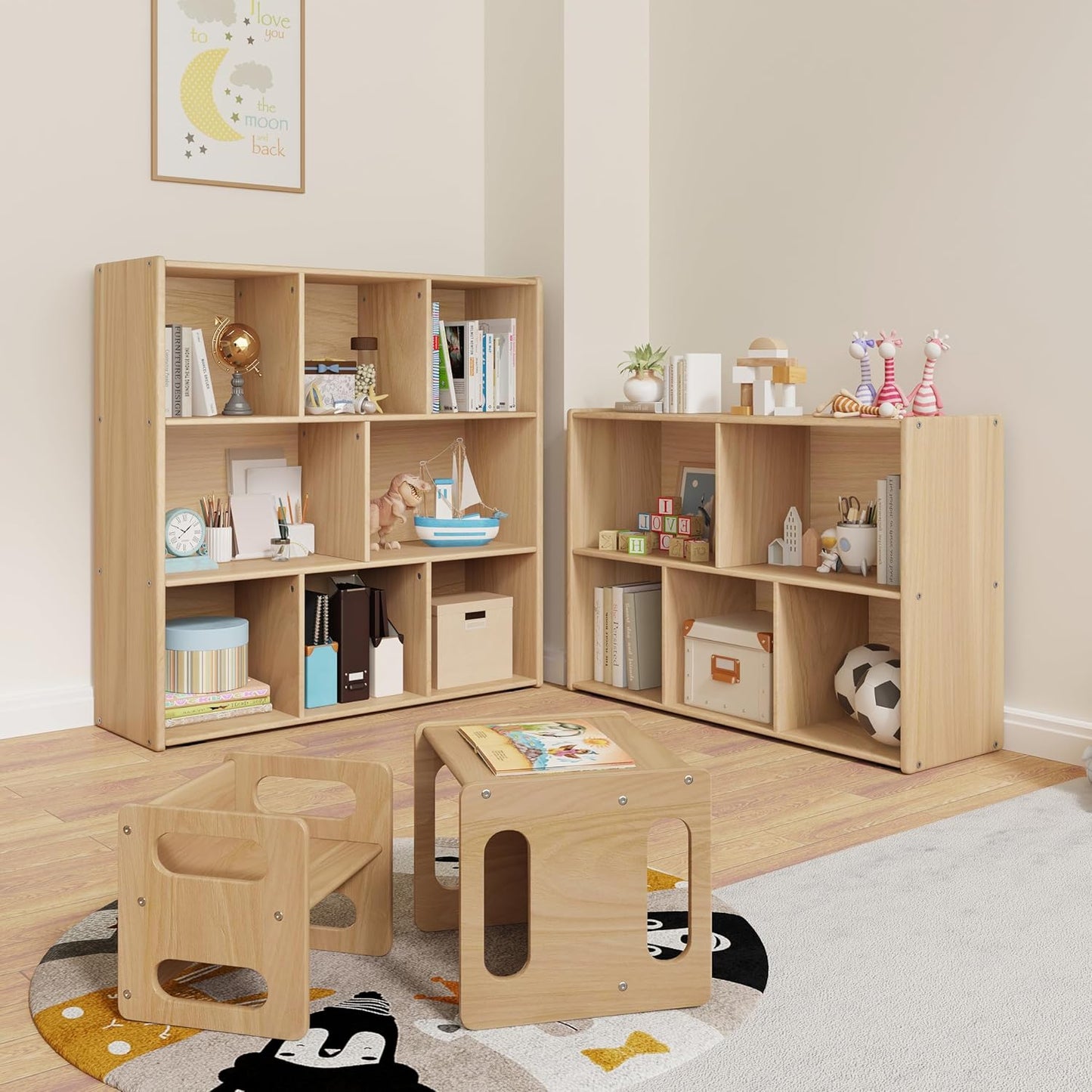 3-Tier Montessori Solid Wood Shelves Toy Organizers and Storage,8-Compartment Storage Cabinet with 4 Wheels,for Toddler Kids Room,Playroom,Classroom,Nursery,Kindergarten