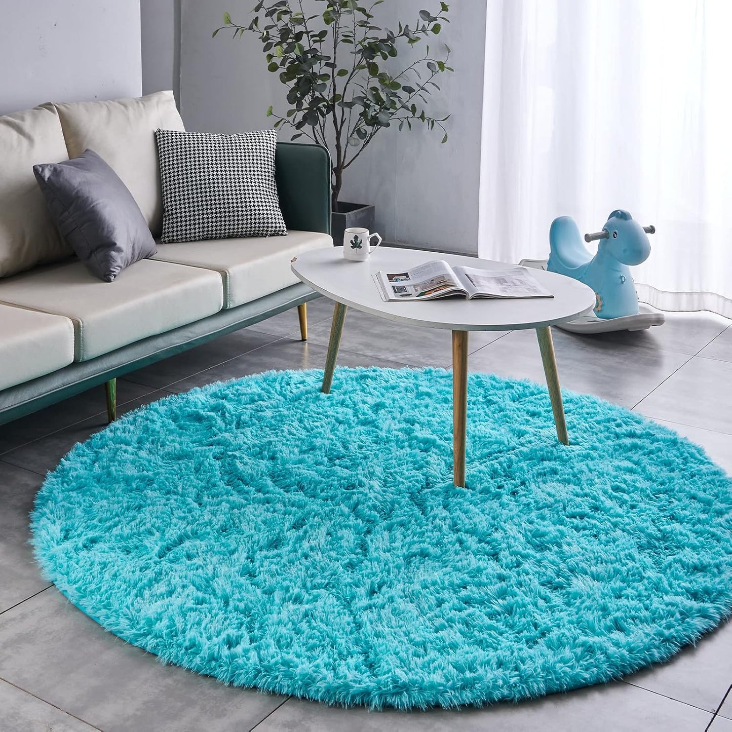 FJZFING Blue Round Rug Ultra-Soft Plush Modern 6x6 Circle Area Rug for Kid's Bedroom, Fluffy Shag Circular Rug for Nursery Room, Non-Slip Home Decor Cute Blue Carpet for Teen's Room