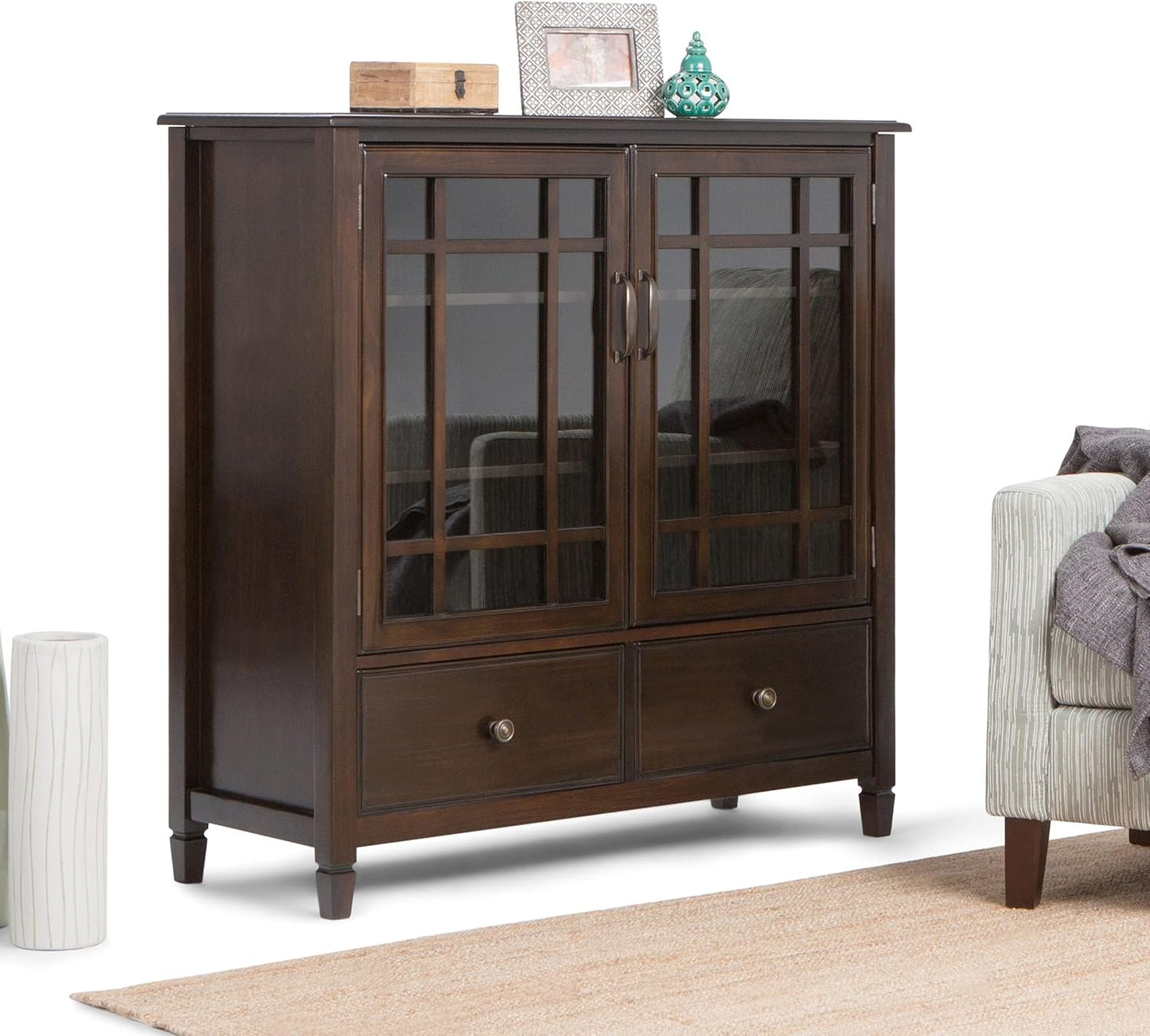 SIMPLIHOME Connaught SOLID WOOD 46 Inch Wide Traditional Tall Storage Cabinet in Dark Chestnut Brown, For the Living Room, Entryway and Family Room