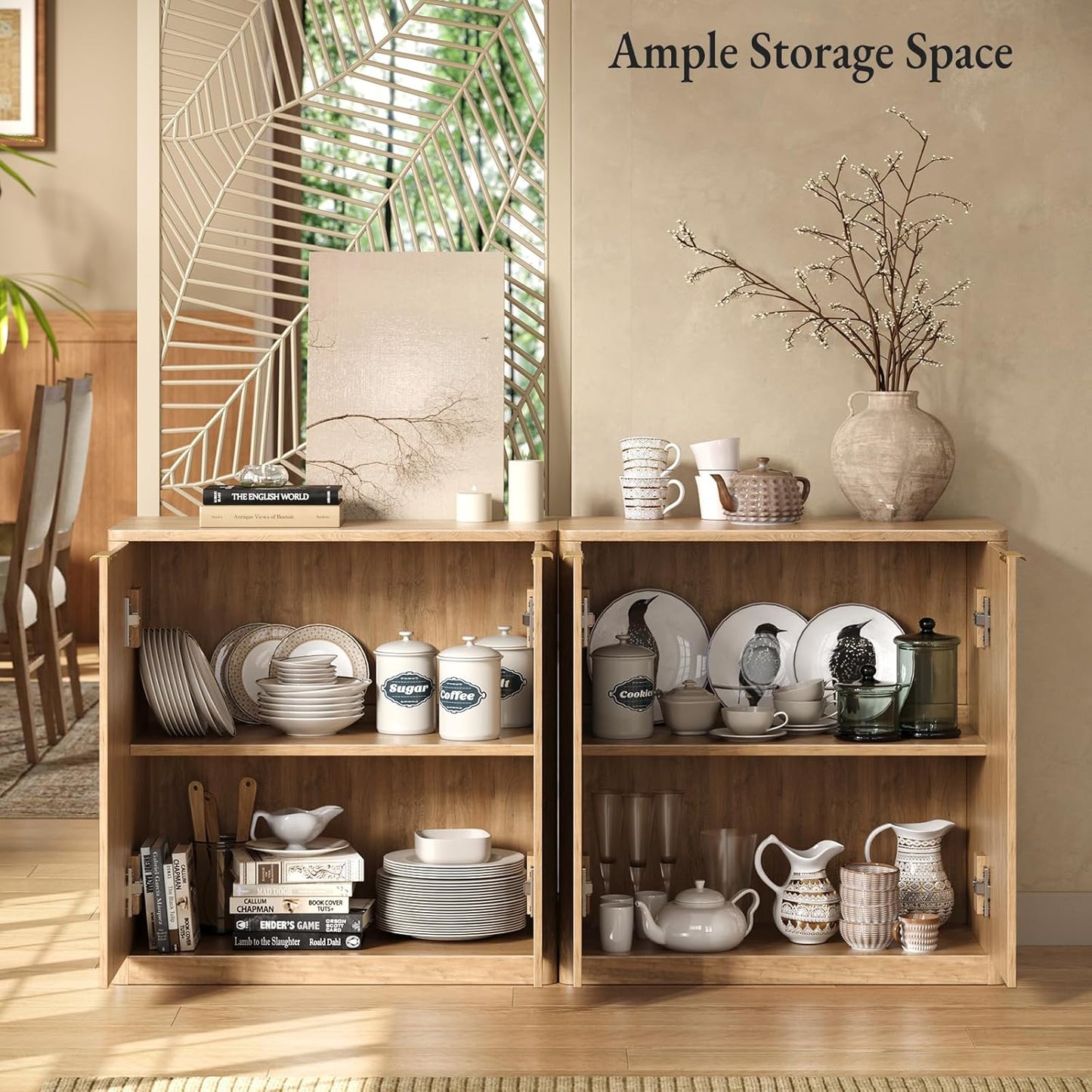 63" Oak Buffet Cabinet with Storage, Large Fluted Sideboard with Adjustable Shelves, Accent Credenza for Living Room, Entryway, Dining Room, Kitchen, Coffee Bar Table with Doors