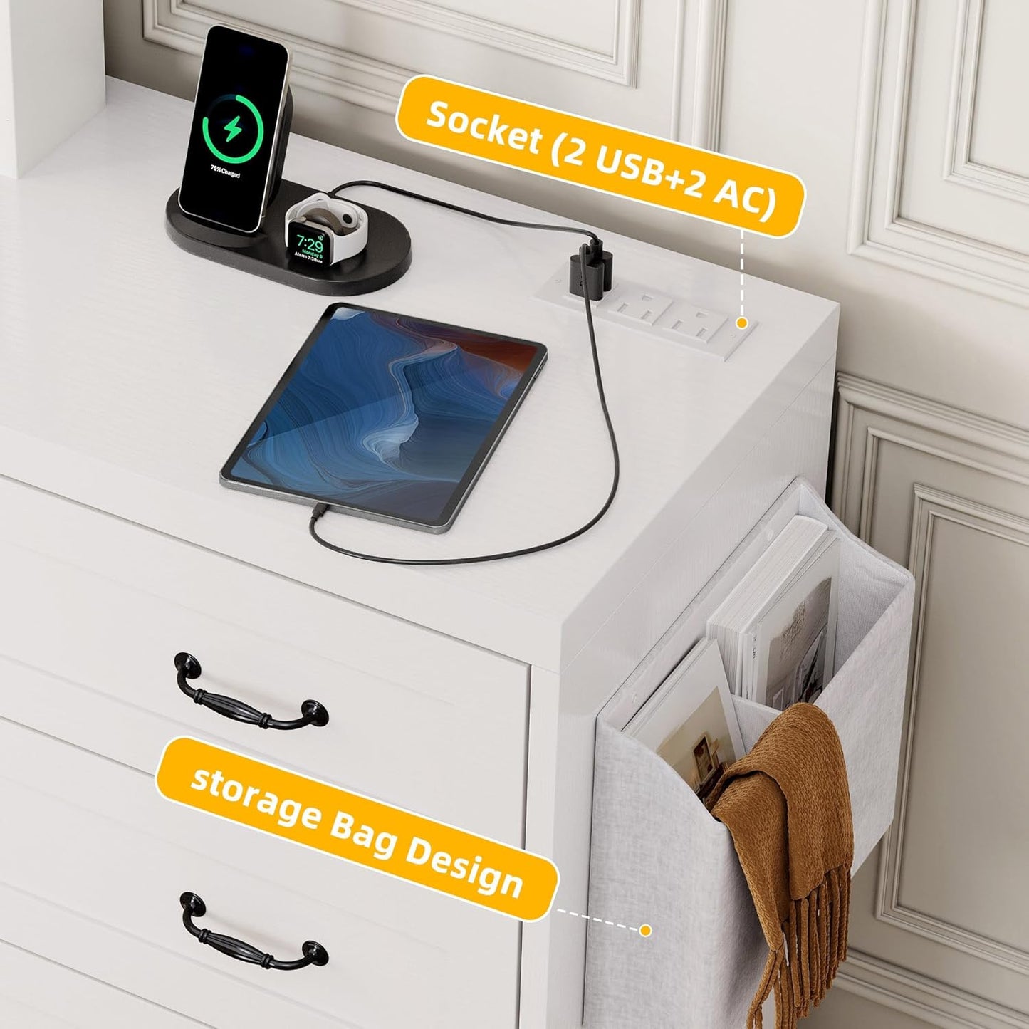 YITAHOME White Drawers TV Stand for 65 inches with Power Outlets -Chest of Drawers Dresser with Side Organizer Bag Entertainment Center TV Console, White