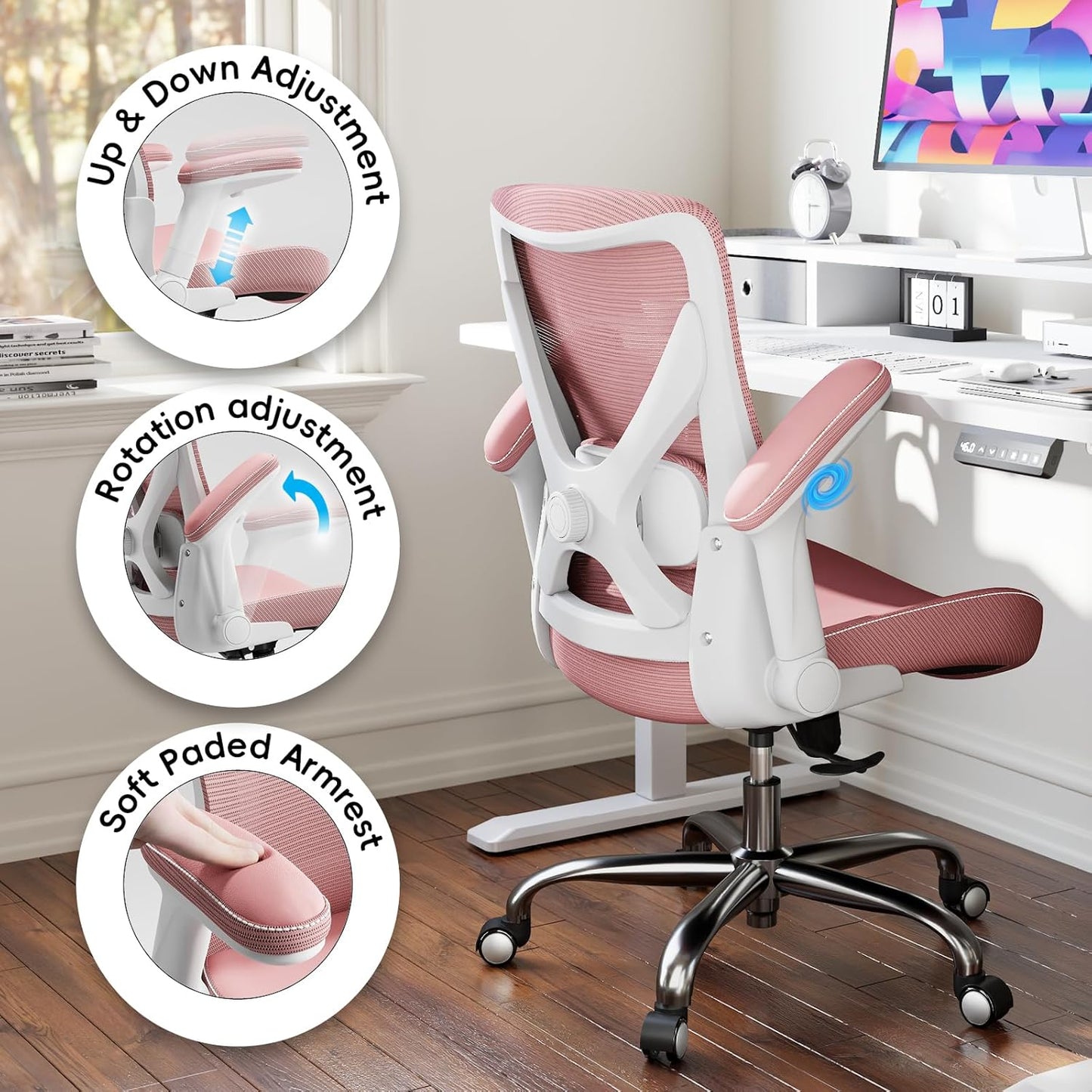 Ergonomic Office Chair-Computer PU Leather X-Shaped Desk Chair-Gaming Chair with Adjustable Flip-up Armrests Lumbar Support Mesh Executive Chair for Long Hours Office (Pink)
