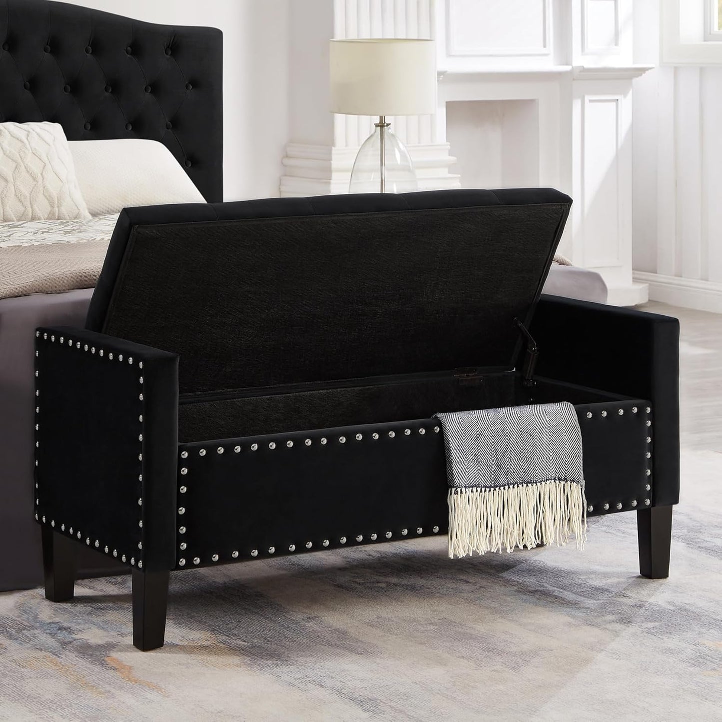 Velvet Storage Ottoman with Armrests and Nails Trim,Entryway Living Room Soft Padded Seat,Bed Bench Bedroom End of Bed,Black (48”L X 18.5” W X 22” H)