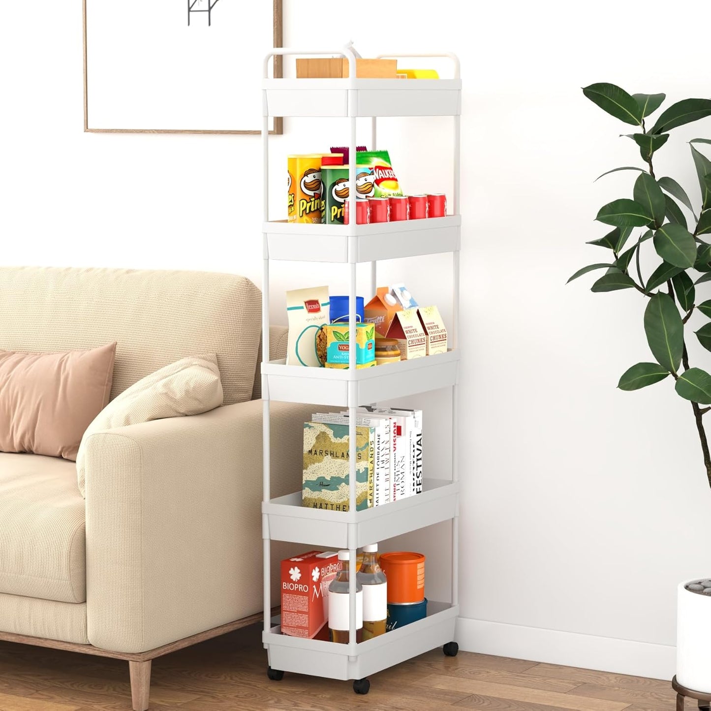 5-Tier Storage Cart，Shelf Organizer Mobile Shelving ，Utility Rolling Cart，Multifunction Movable Storage Organizer with Lockable Wheels,White