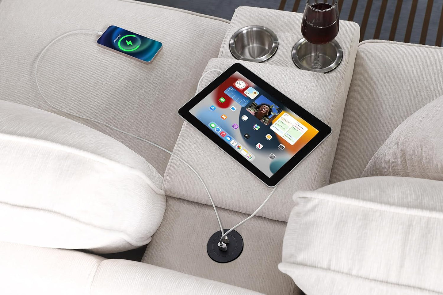 127" L-Shaped Sectional Couch with Movable Ottoman & 6 Throw Pillows,7 Seat Chenille Upholstered Sofa W/2 Cup Holder,USB Port & Hidden Storage Box,DIY Combination,for Living Room,Apartment,Beige