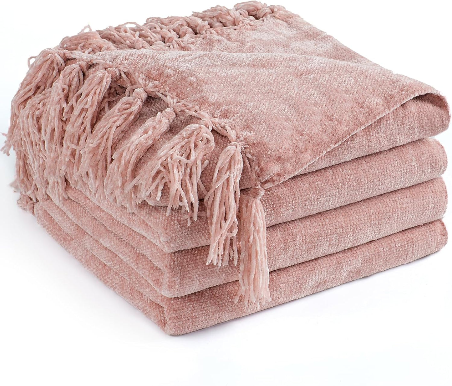 Chenille Throw Blanket for Couch 60"X 80" Twin, Soft Cozy Throws with Fringe Tassel for Bed Sofa Chair Cover, Lightweight Knitted Decorative Boho Blankets for Living Room, Dusty Pink