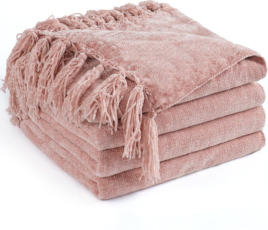 Chenille Throw Blanket for Couch 60"X 80" Twin, Soft Cozy Throws with Fringe Tassel for Bed Sofa Chair Cover, Lightweight Knitted Decorative Boho Blankets for Living Room, Dusty Pink