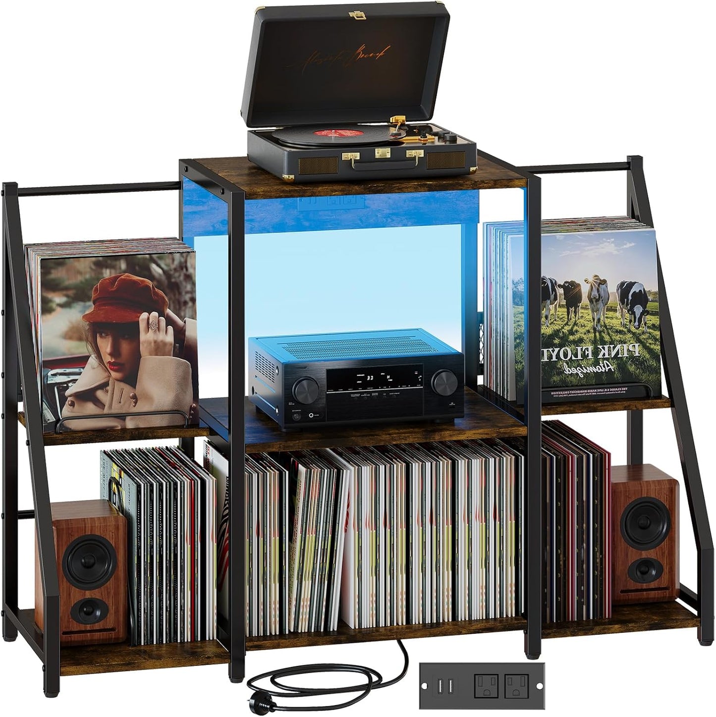 Large Record Player Stand Vintage Record Stand-Large Vintage Record Player Table with Power Outlet and LED Light,Record Storage Rack with Vinyl Display Shelf for Up to 300 Albums