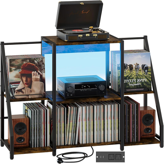 Large Record Player Stand Vintage Record Stand-Large Vintage Record Player Table with Power Outlet and LED Light,Record Storage Rack with Vinyl Display Shelf for Up to 300 Albums