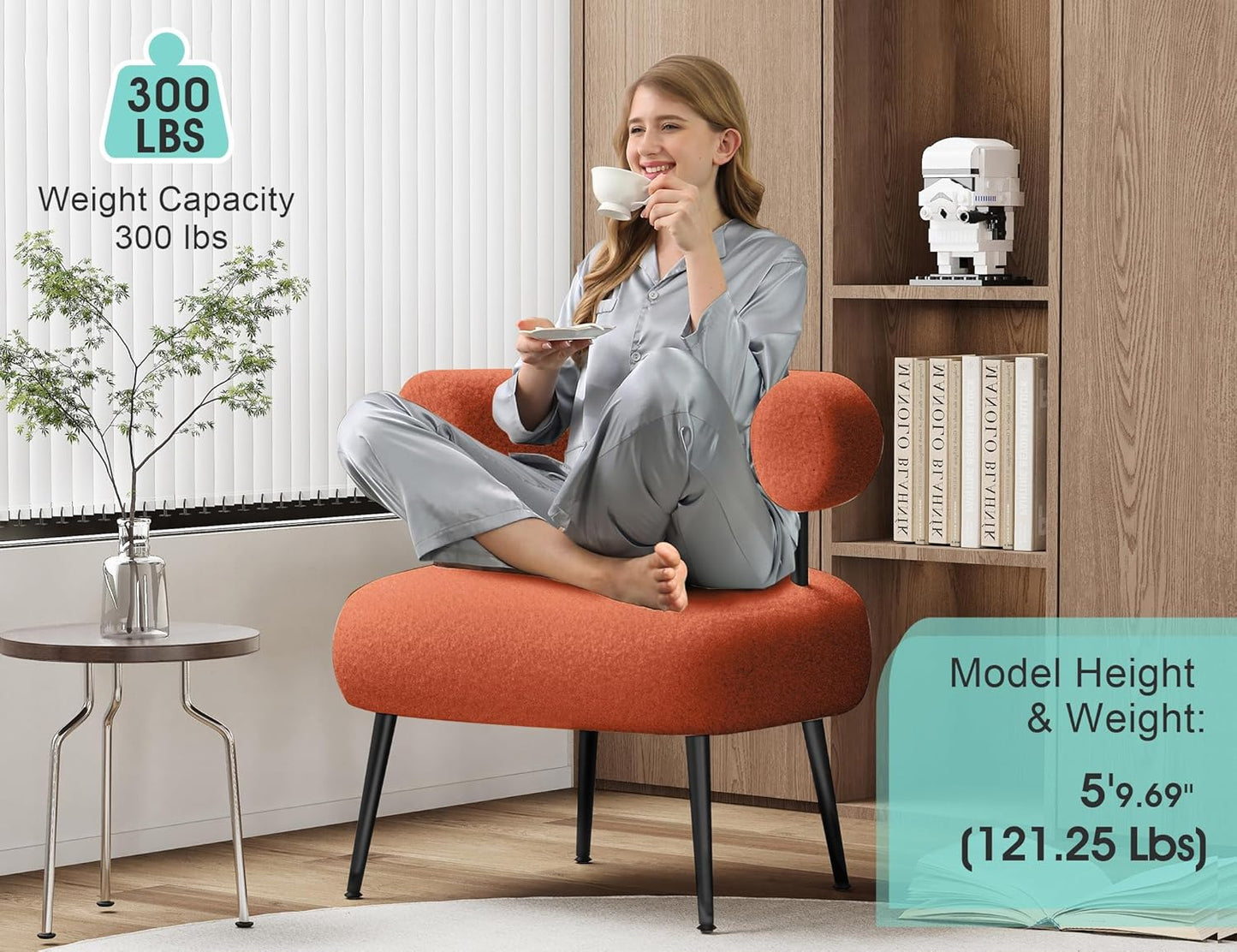 Mid Century Sherpa Boucle Accent Chair, Round Upholstered Barrel Arm Chair for Small Spaces, Fluffy Side Corner Sofa Chair for Living Room, Bedroom, Vanity, Office, Reading Nook（Orange）