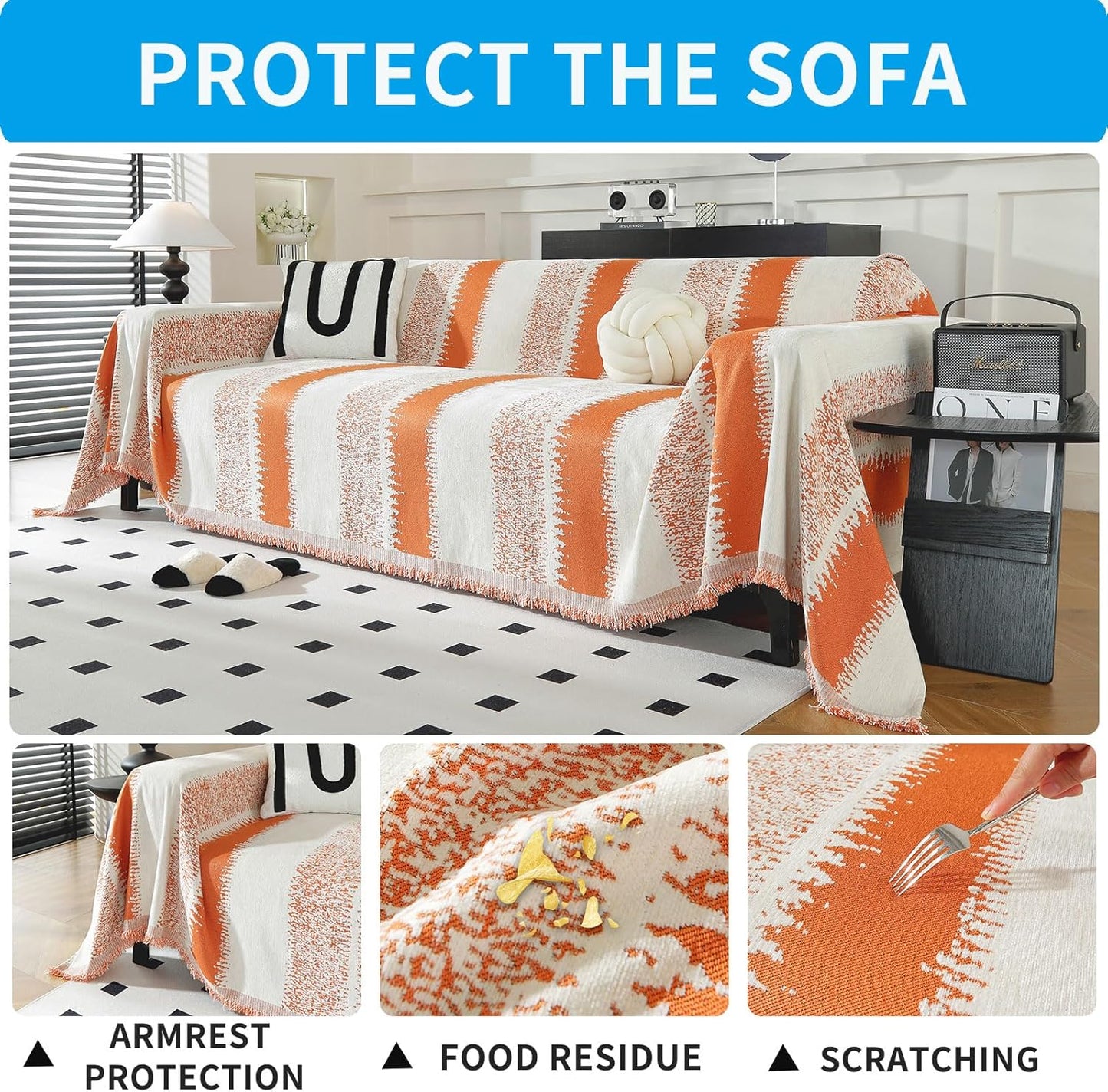 LUFEIJIASHI Boho Couch Covers for Sofa Non Slip Sofa Covers Washable Couch Covers for 3 Cushion Couch Sofa Pet Friendly Sectional Couch Cover Blanket Furniture Protector for Dogs (Orange, 91"x118")