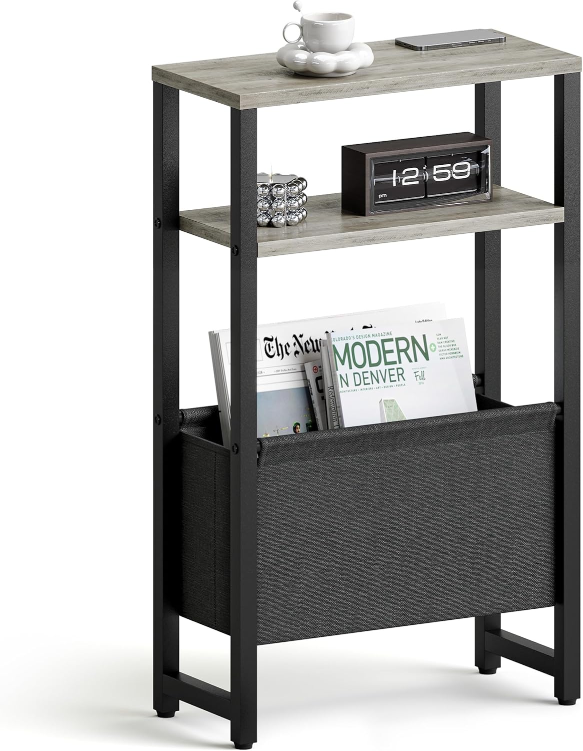 Narrow Side Table, Slim End Table with Magazine Rack, Bedside Table for Small Spaces, 3 Tier Sofa Couch Table Nightstand for Living Room, Bedroom, Oak Grey LET503Q