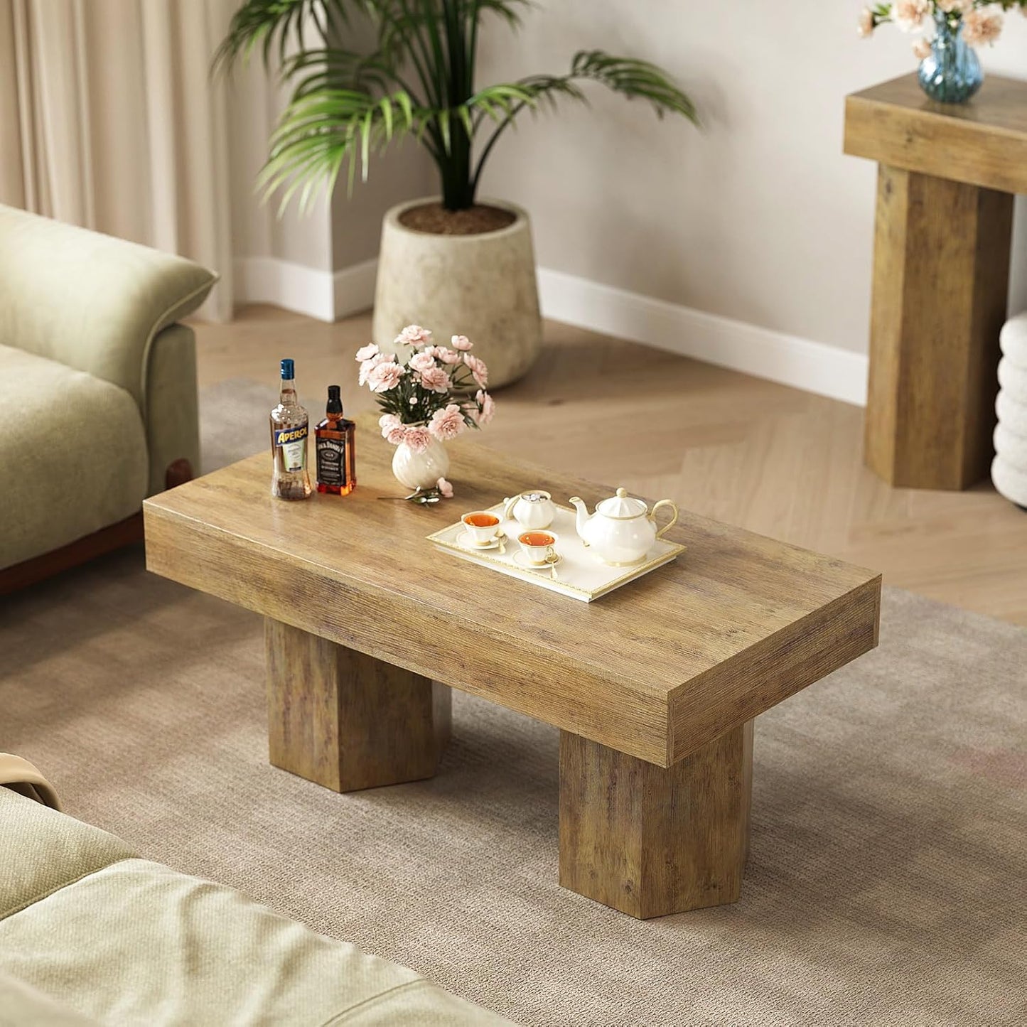 GiftGo Coffee Table Mid Century Modern Center Living Room Table Farmhouse Wooden Rectangle Cocktail Tea Table for Office (Light Brown, L-39.37)