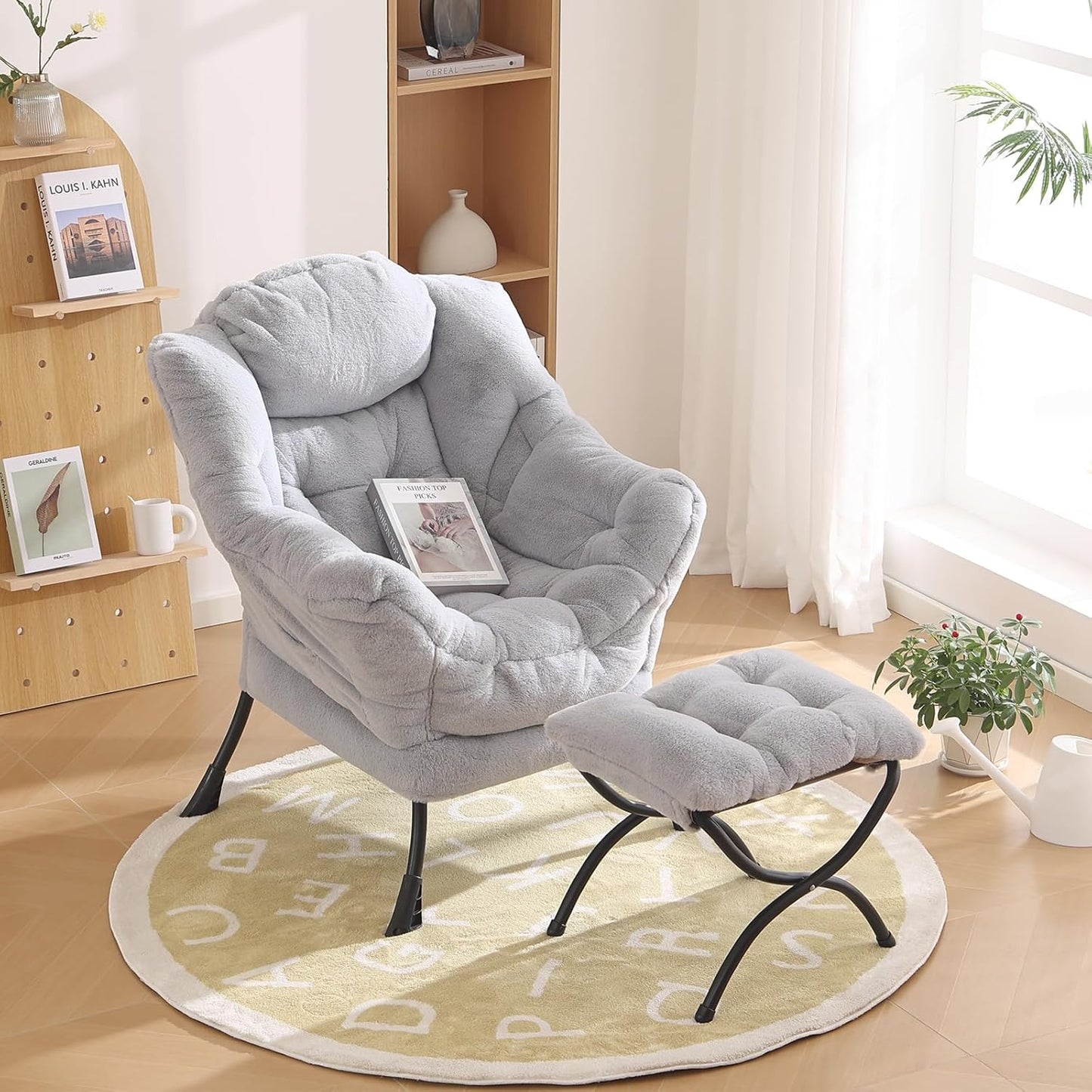 Lazy Chair with Ottoman, Modern Reading Chair with Folding Footrest, Comfortable Lounge Accent Chair for Bedroom, Study, Living Room, Courtyard (Plush Grey)