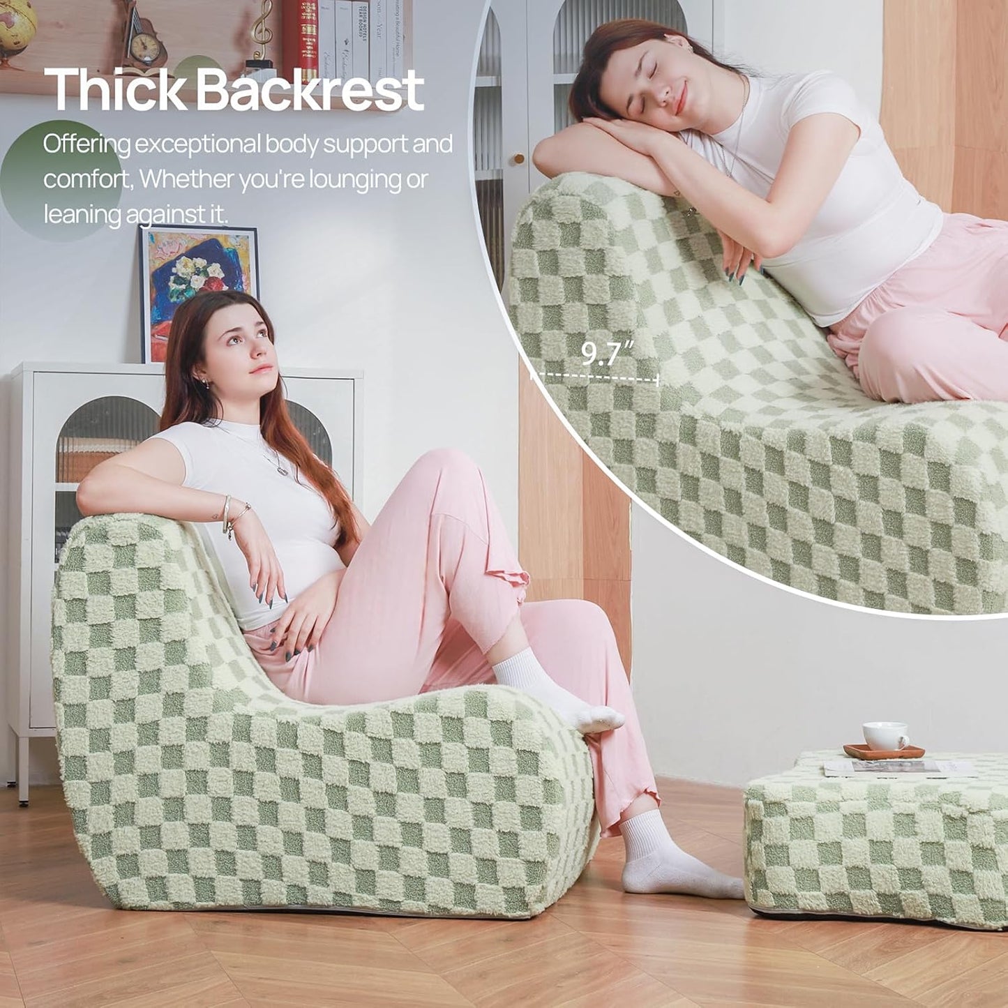 Giant Bean Bag Chair for Adults with Ottoman, Teddy Fabric Beanbag Chair with Memory Foam Filled,Plush Lazy Floor Sofa with Footstool Couch for Living Room,Bedroom,Dorm, Apartment, Green