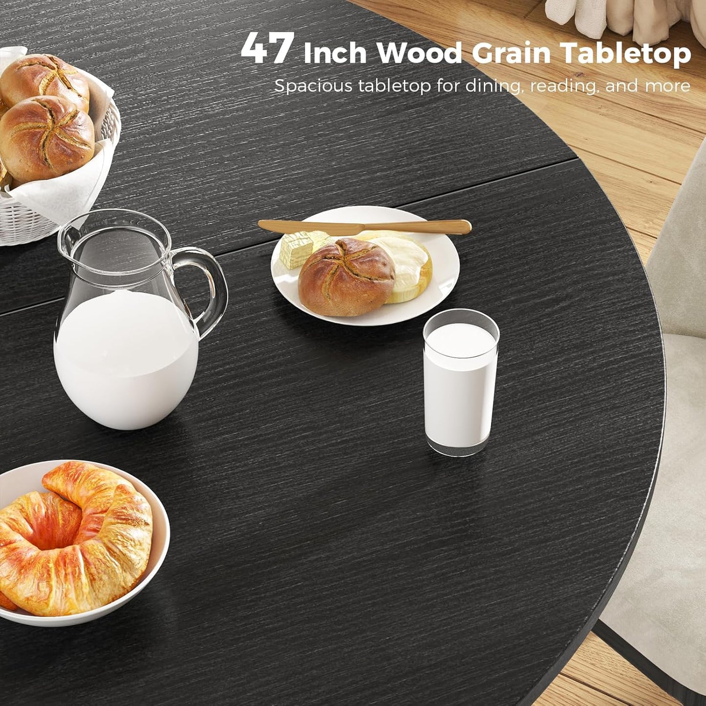 Unovivy 47" Round Dining Table for 4-6, Space Saving Circle Kitchen Dinner Table, Industrial Mid Century Modern Dining Room Desk for Kitchen, Apartment, Black