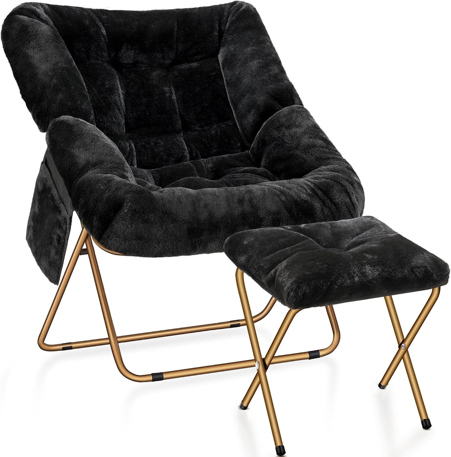 Comfy Saucer Chair for Adults, Foldable Living Room Chairs, Soft Faux Fur Lounge Chair for Bedroom, Reading Chairs, X-Large (Ottoman-Black)