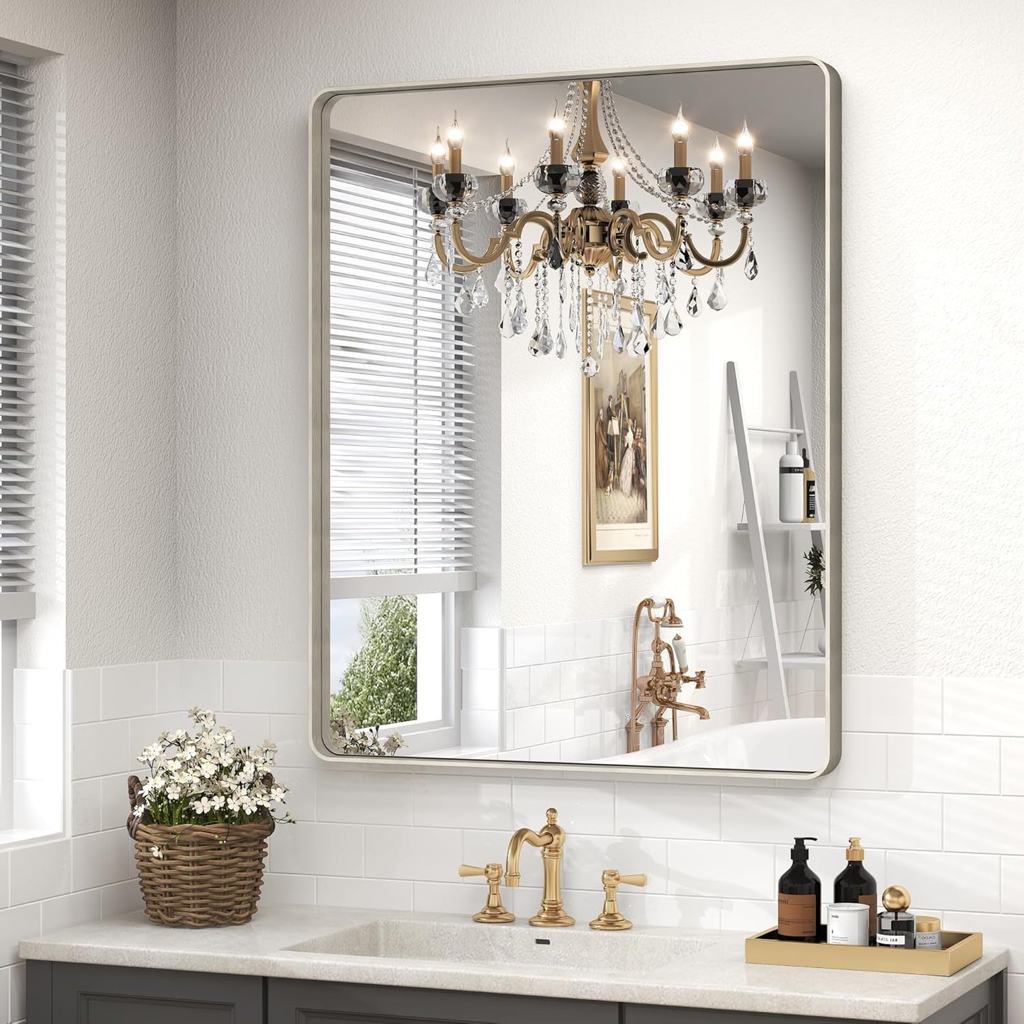 28x32 Silver Bathroom Mirror for Wall, Brushed Metal Framed Bathroom Vanity Mirror, Modern Rounded Corner Rectangle Mirror, Anti-Rust (Horizontal/Vertical)