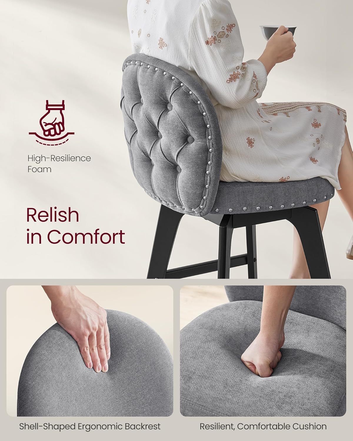 VASAGLE Bar Stools Set of 2, Swivel Counter Height Bar Stools with Back and Wood Legs, Chenille Fabric Upholstered Barstools, 26.2-Inch Tall Counter Barstools for Kitchen Island, Slate Gray