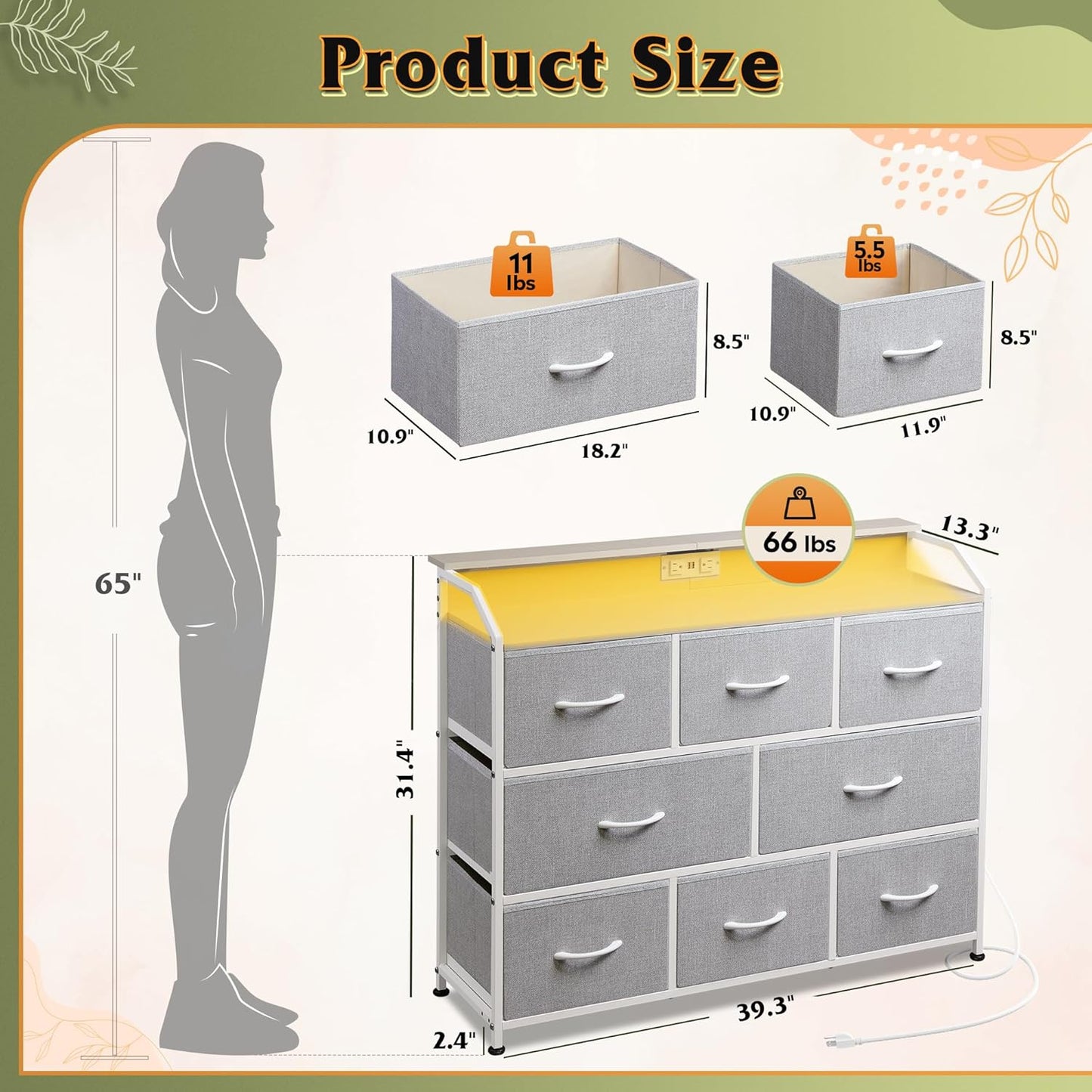 WLIVE Dresser TV Stand with Power Outlets, Led Dresser for Bedroom, Fabric Chest of Drawers with Open Shelves, Wood Top, Steel Frame, 6 Drawer Dressers for Closet, Living Room, Light Grey