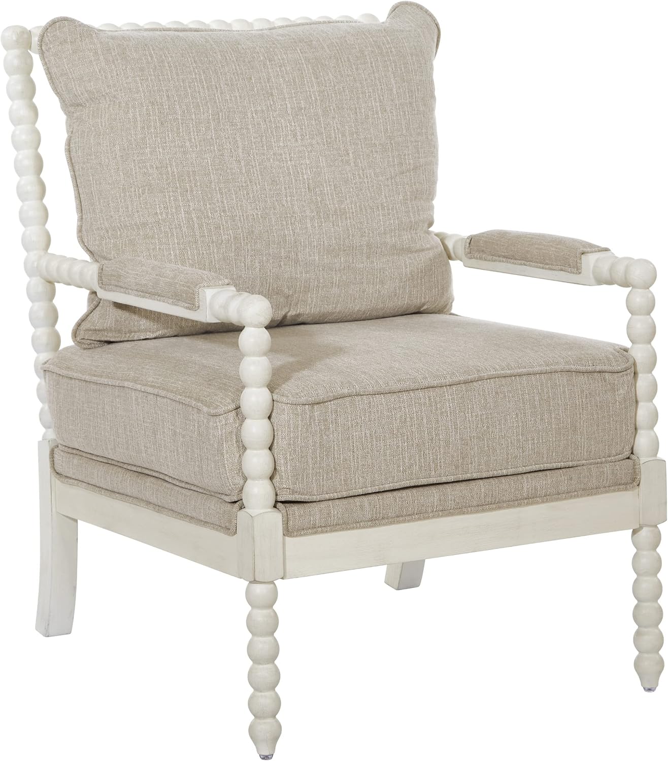 OSP Home Furnishings Kaylee Spindle Accent Chair with Antique White Wood Frame, Beige Linen Fabric