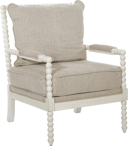 OSP Home Furnishings Kaylee Spindle Accent Chair with Antique White Wood Frame, Beige Linen Fabric