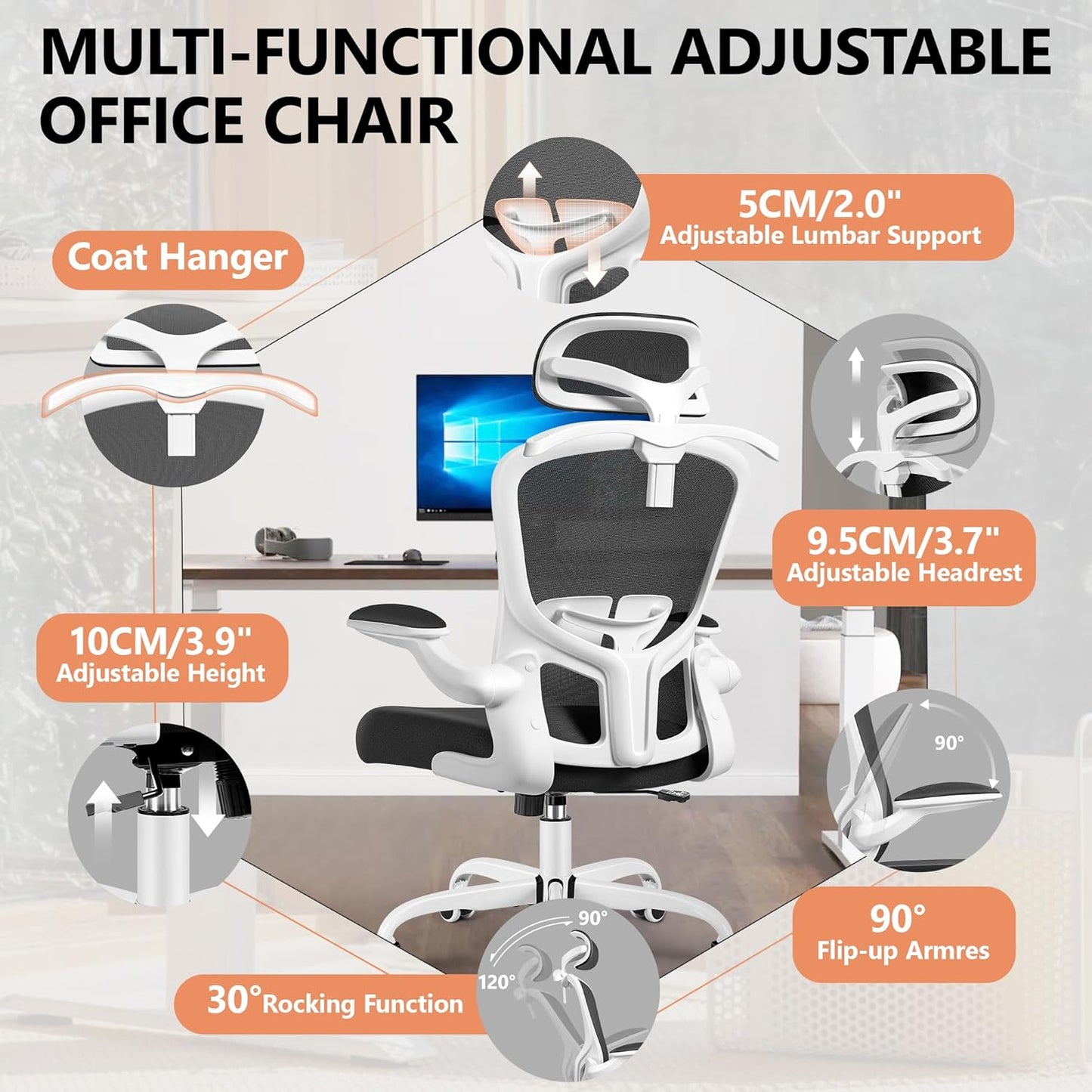 FelixKing Office Chair with Headrest, Ergonomic Desk Chair with Wheels, Task Swivel Comfy Chair with Adjustable Lumbar Support, Breathable Mesh Computer Chair with flip-up Armrests for Home (White)