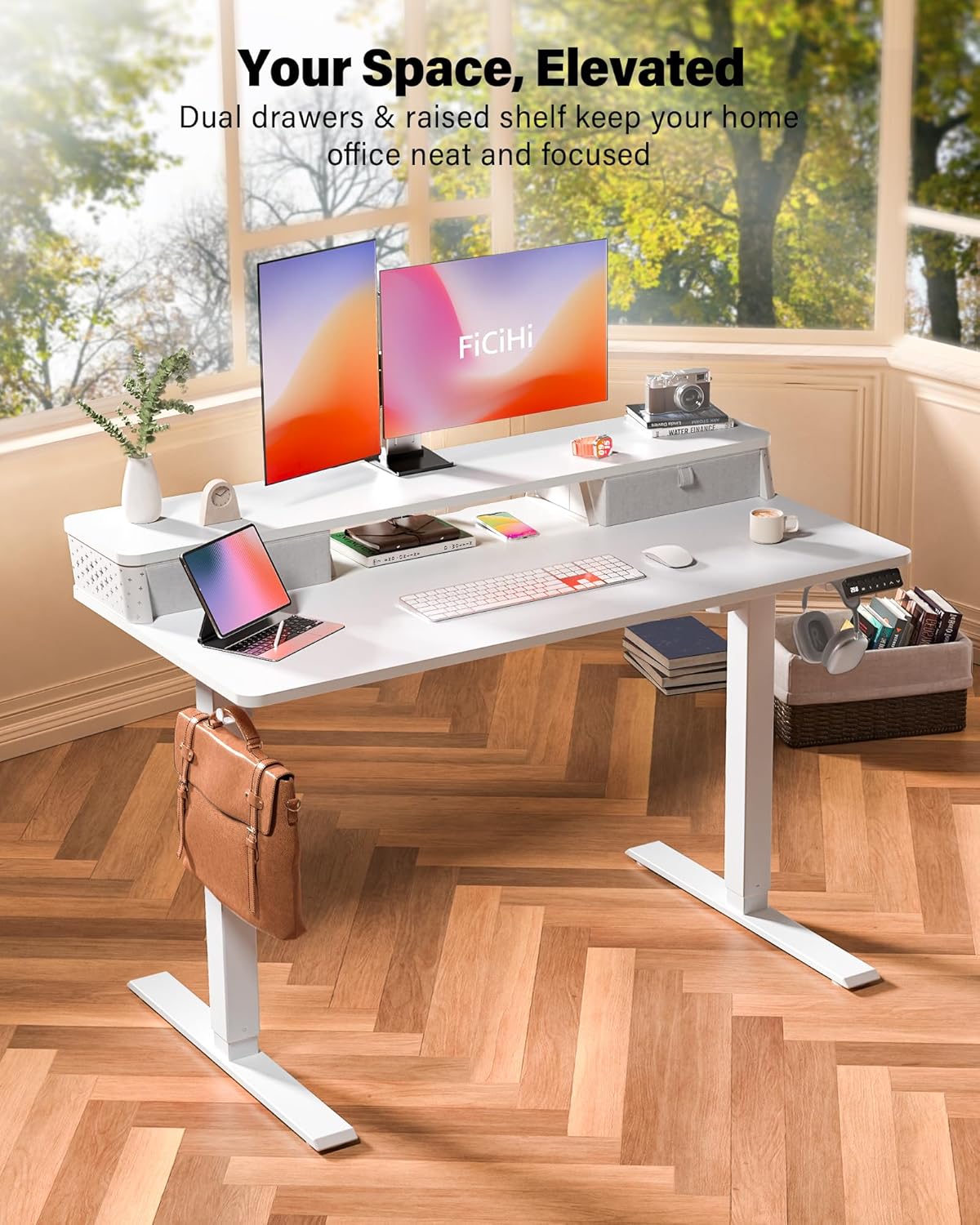 55x24 Inch Standing Desk with Double Drawers, C-Clamp Mount Compatible, Electric Adjustable Height Computer Stand Up Desks, Home Office Sit Stand Table with 3 Preset Heights & 2 Hooks, White