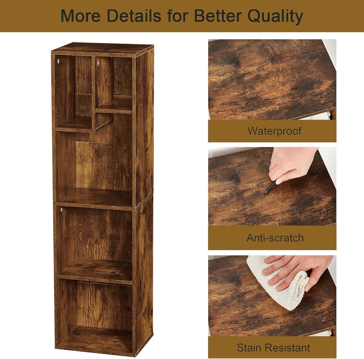 VECELO 4-Tier Bookcase, Modern Storage Cabinet with Height Difference Shelves for Standard Textbooks, 5 Cubes, Vertical or Horizontal, Easy Assembly, Rustic Brown