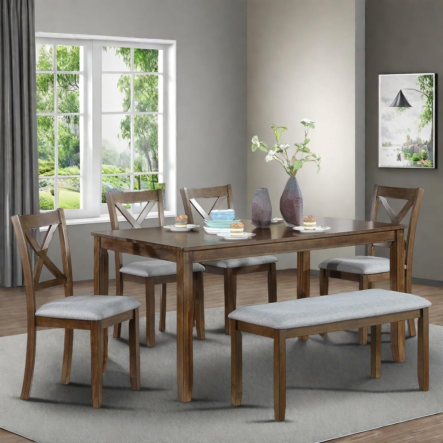 6-Piece Dining Table Set for 4-6 People, Kitchen Set with 4 Upholstered Chairs and One Bench, Living Room Chairs with X-Shape Backrest, Rectangular Wooden Table for Home Bar, Walnut