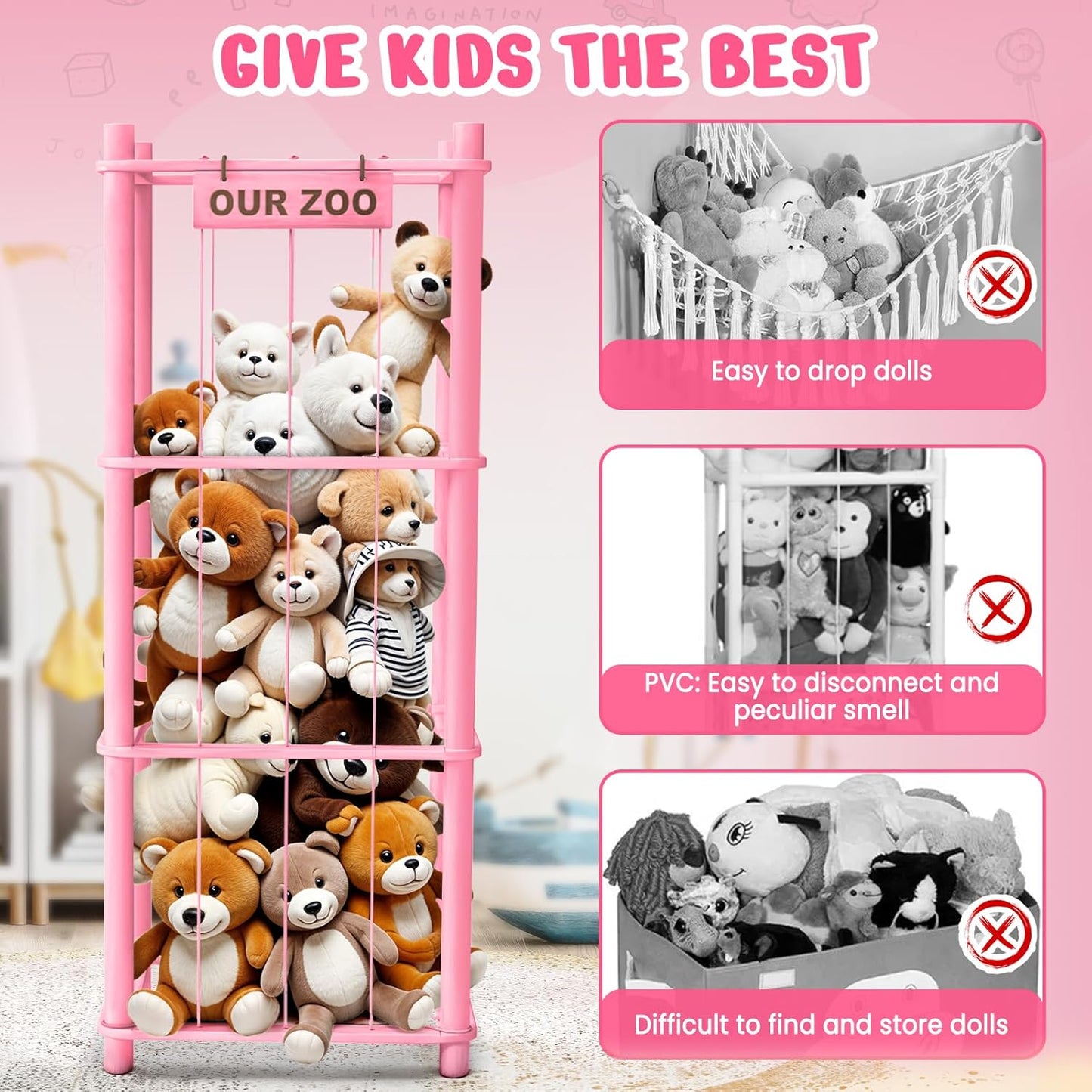 Stuffed Animal Storage & Organizer, Wooden Cute Zoo Toy Holder for Toddler Rooms, Playrooms & Bedrooms（Pink）