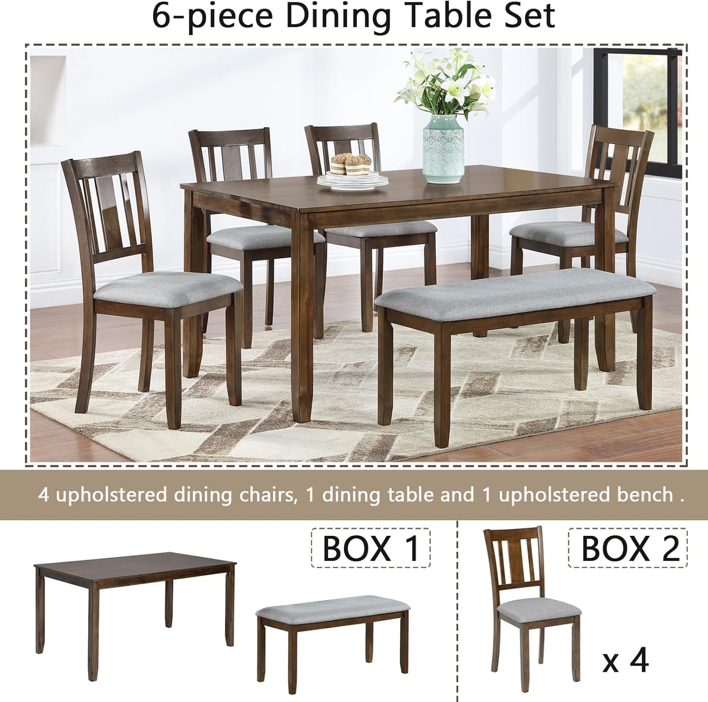 soges 6 Piece Kitchen Dining Table Set, Wooden Dining Table with 4 Upholstered Chairs and a Bench for 6 People, Living Room, Home and Kitchen, Table Chairs Set, Walnut