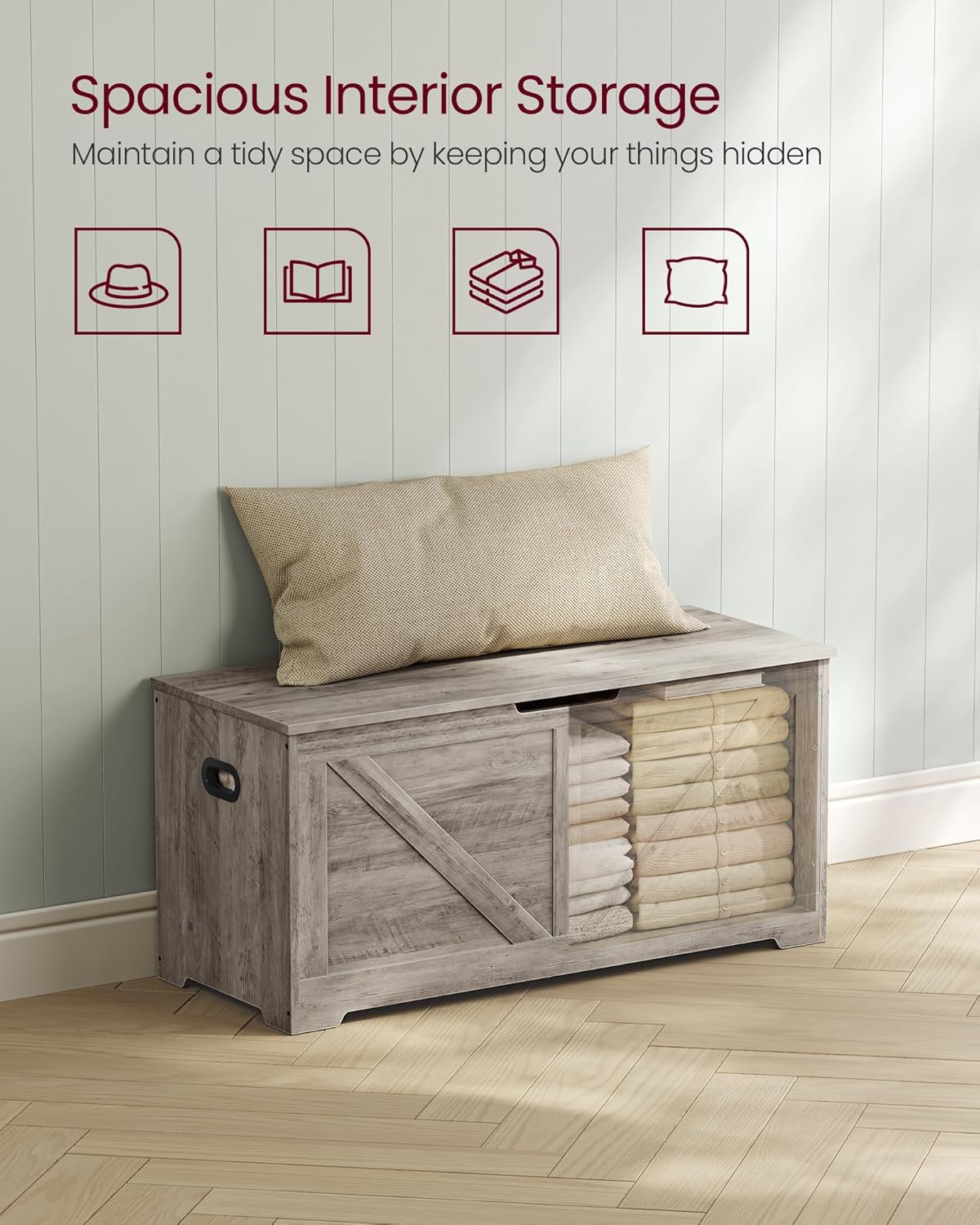 VASAGLE Storage Chest, Storage Trunk with 2 Safety Hinges, Storage Bench, Shoe Bench, Farmhouse Style, 15.7 x 39.4 x 18.1 Inches, for Entryway, Bedroom, Living Room, Heather Greige ULSB060K03