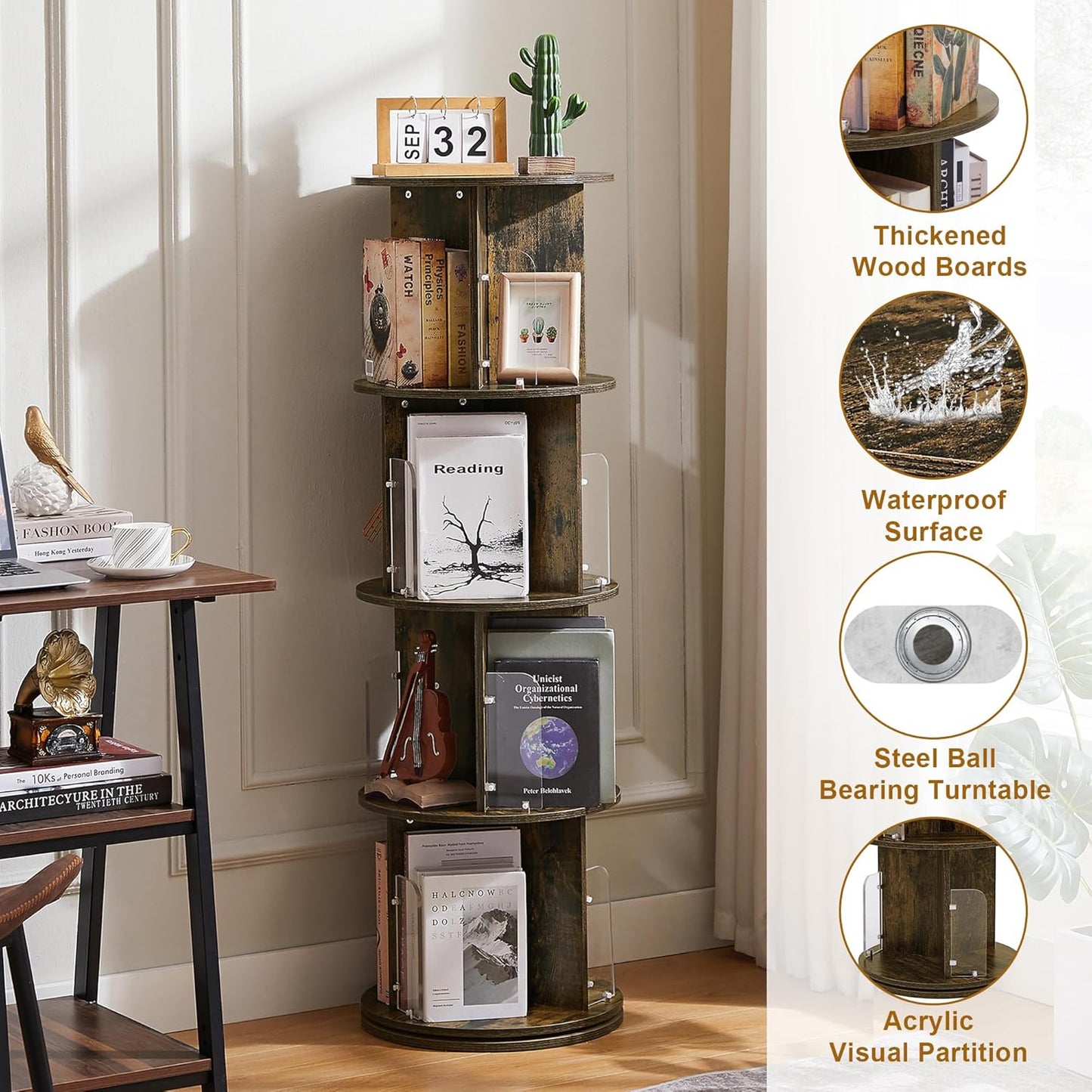 VECELO 4 Tier Revolving Bookshelf Tower, 360° Display Floor Standing Storage Rack with Acrylic Visible Window Partition for Bedroom, Living Room Home and Office, Brown