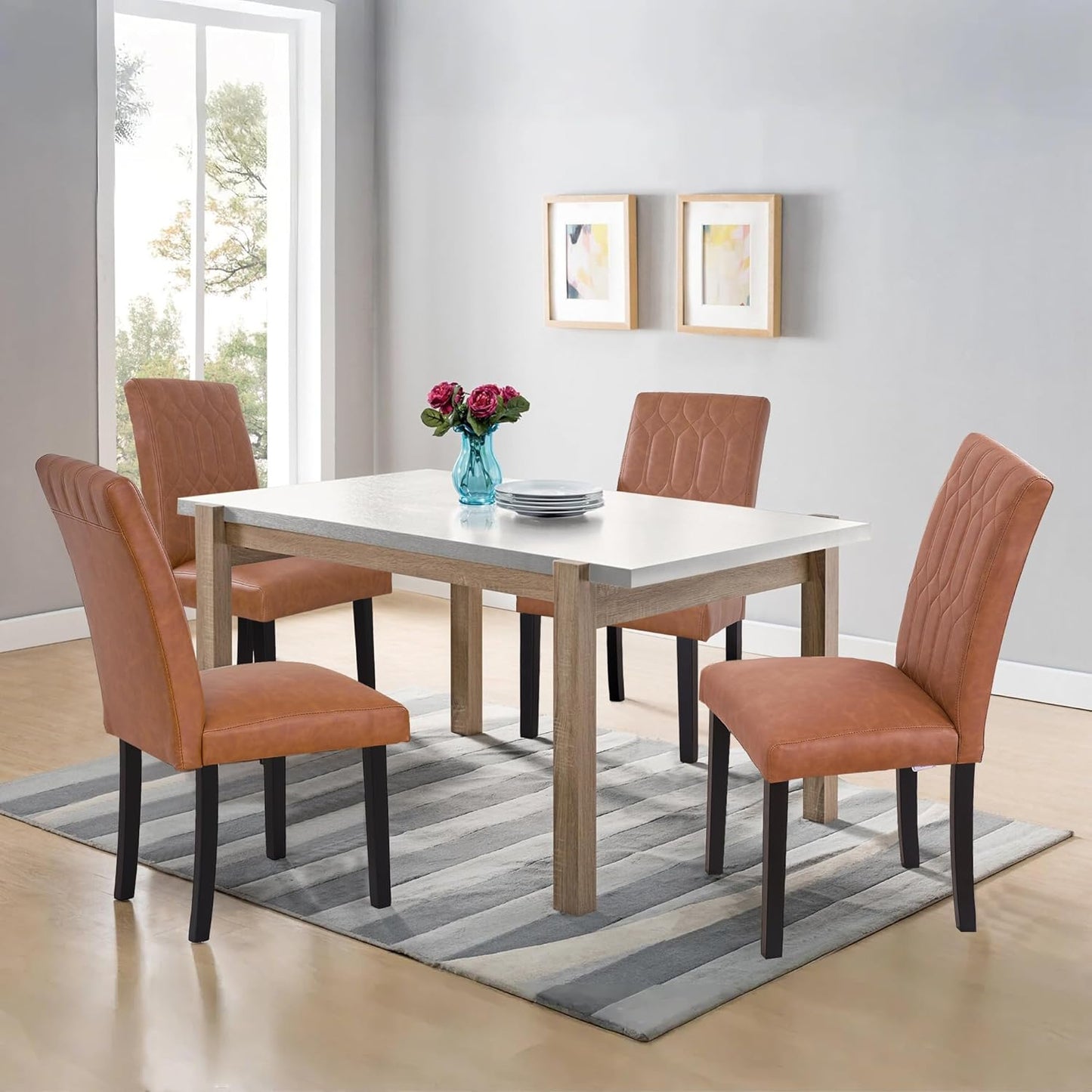 VECELO Upholstered Dining Chairs Set of 6, Modern PU Leather Accent Parsons, Solid Wood Legs w/Rubber Footpads, for Living Room Kitchen, Brown