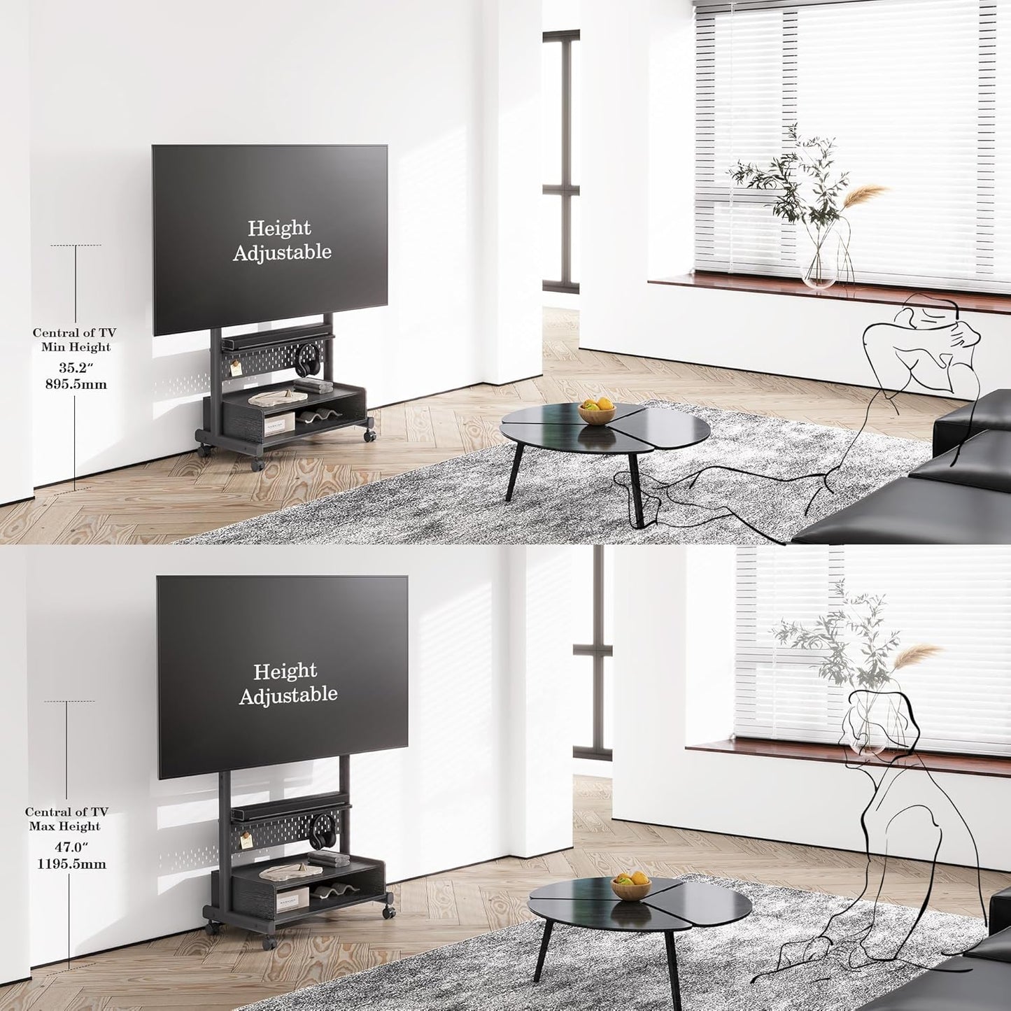 FITUEYES Rolling TV Floor Stand for 40-85in TVs, Heavy Duty Mobile TV Stand on Wheels Lockable, TV Cart with Wooden Large Storage Shelf & Pegboard Hold up to 132 lbs for Bedroom, Living Room, Office