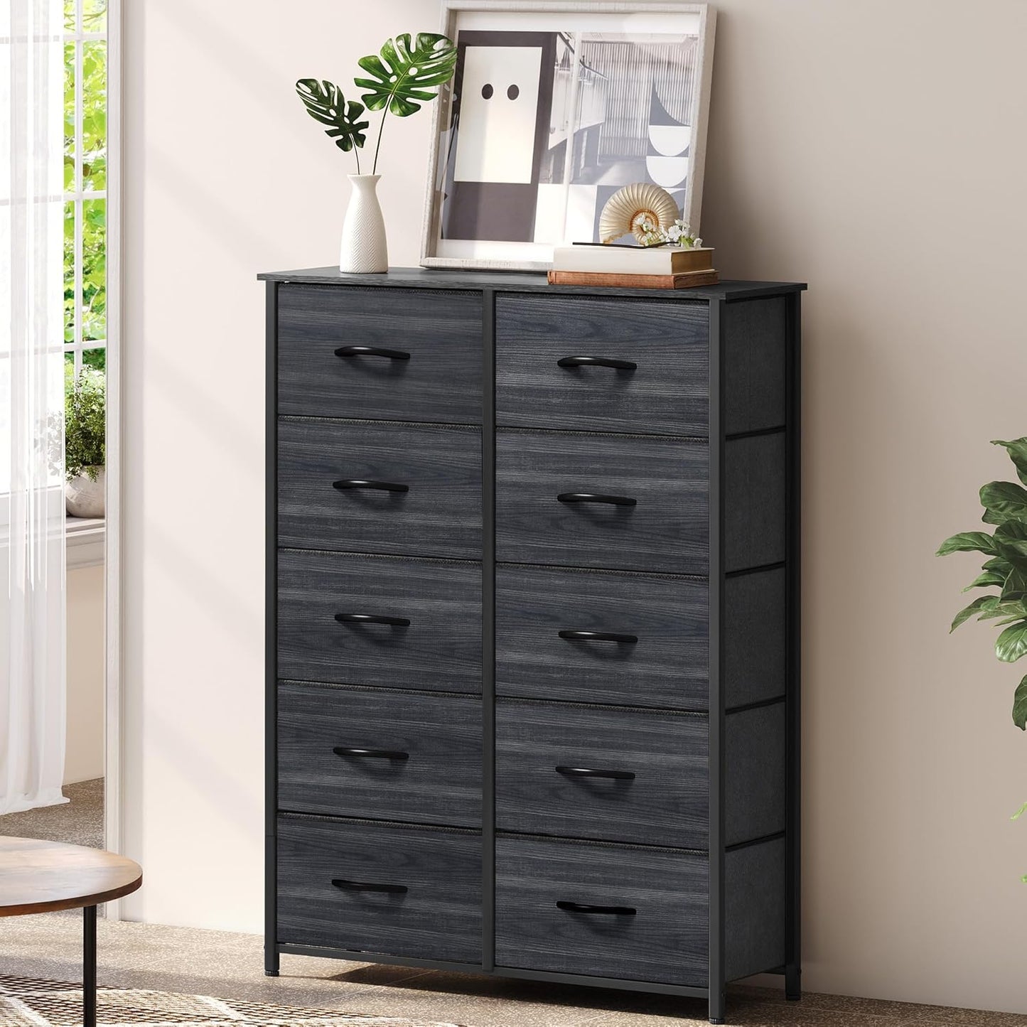 DWVO 10 Drawer Dresser - Fabric Storage Tower, Organizer Unit for Living Room, Hallway, Closets - Sturdy Steel Frame, Wooden Top & Easy Pull Fabric Bins