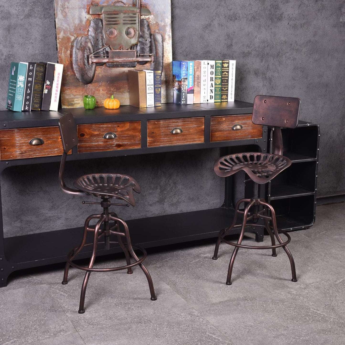 Diwhy Industrial Design Metal Adjustable Height Backrest Chair Vintage Tractor Saddle Bar Stool (Copper)