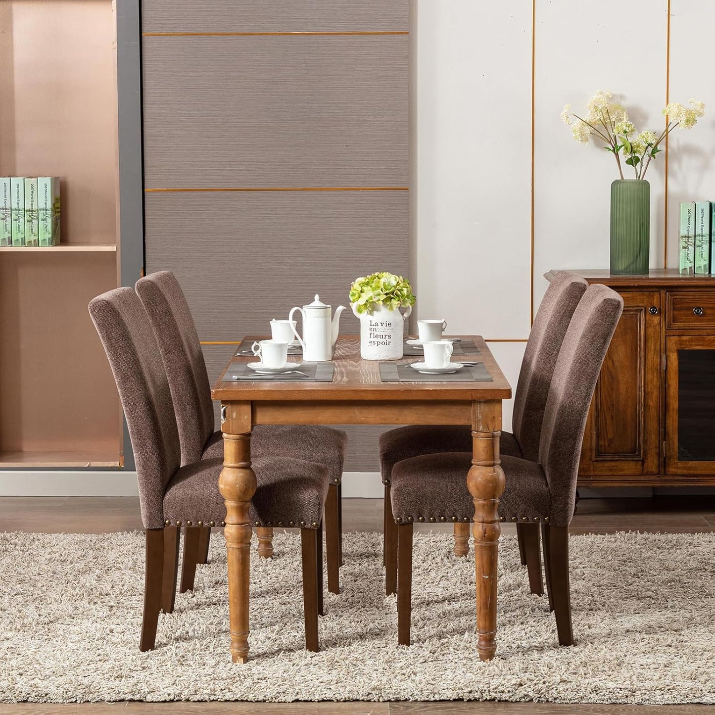 COLAMY Upholstered Parsons Dining Chairs Set of 2, Fabric Dining Room Kitchen Side Chair with Nailhead Trim and Wood Legs - Brown