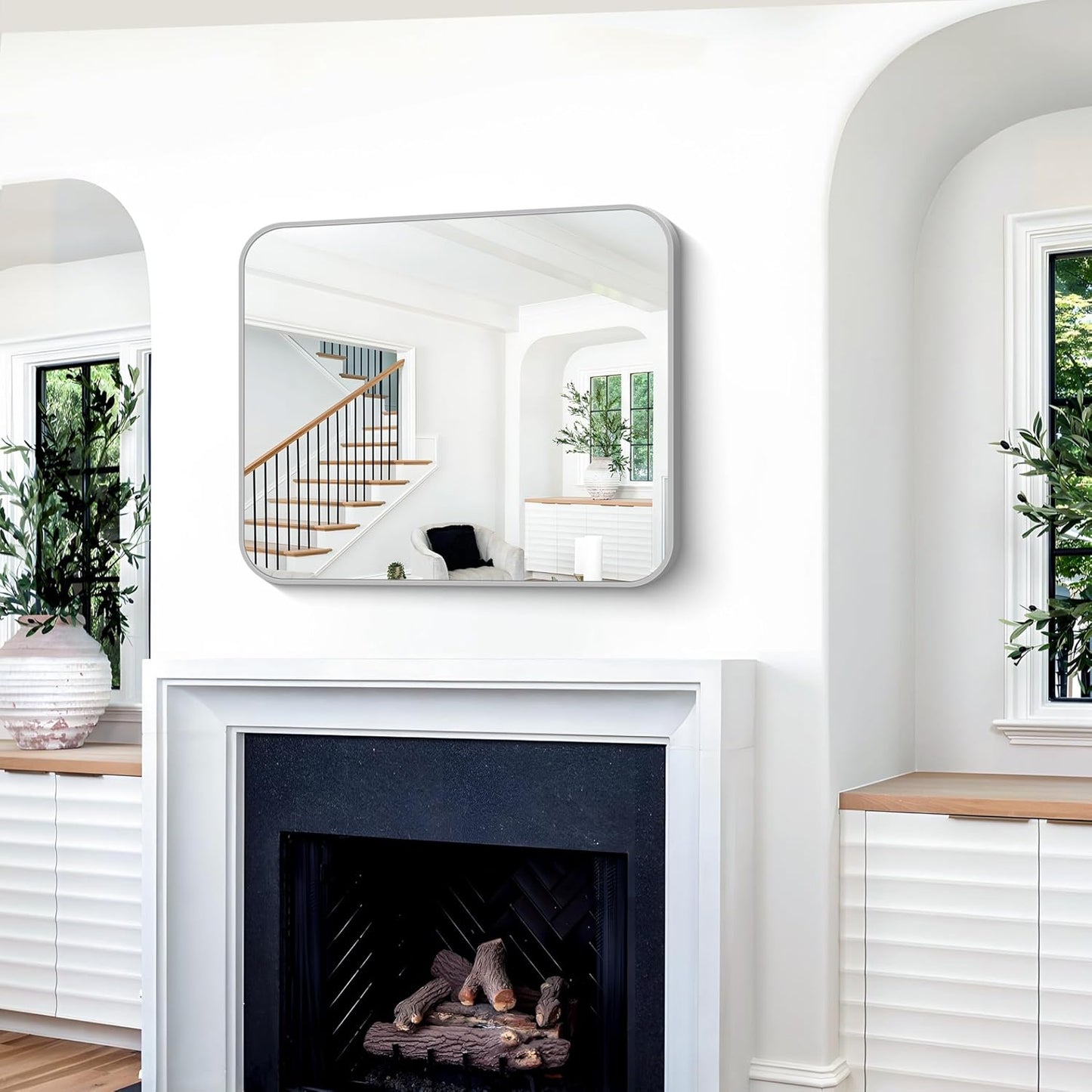 Silver Bathroom Mirror, 30 x 36 Inch Metal Framed Silver Rectangle Mirror, Rounded Corner Rectangular Vanity Mirror, Wall Mounted Mirror for Living Room Bedroom Entryway Horizontal/Vertical