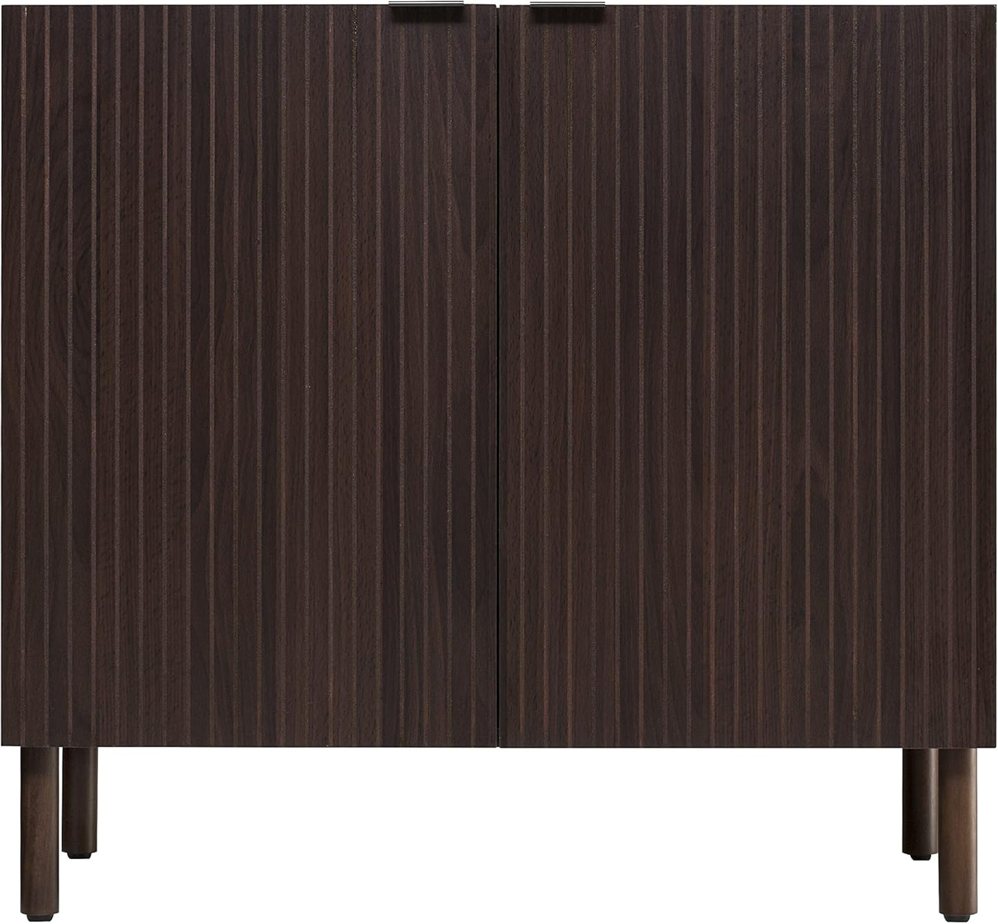 Sango Merk 2-Door Cabinet, Modern Walnut Storage Cabinet with Vertical Groove Doors, Adjustable Shelf, Cylindrical Wood Legs, Discreet Metal Finger Pulls, Stylish Furniture for Living or Dining Room