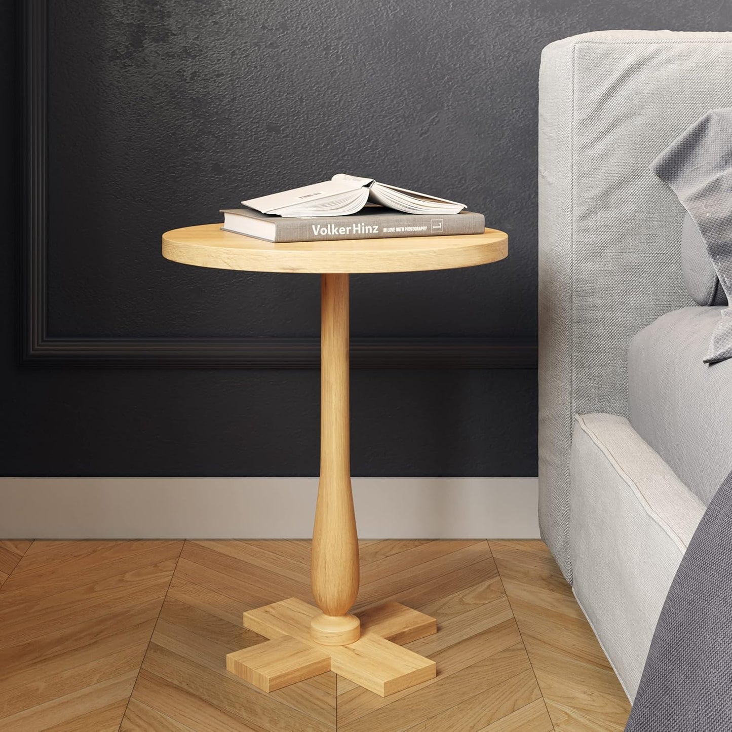 Lavish Home Side Table - Mango Wood Pedestal Table with White Distressing for Couch, Loveseat, Entryway, or Bed - Farmhouse Living Room Furniture